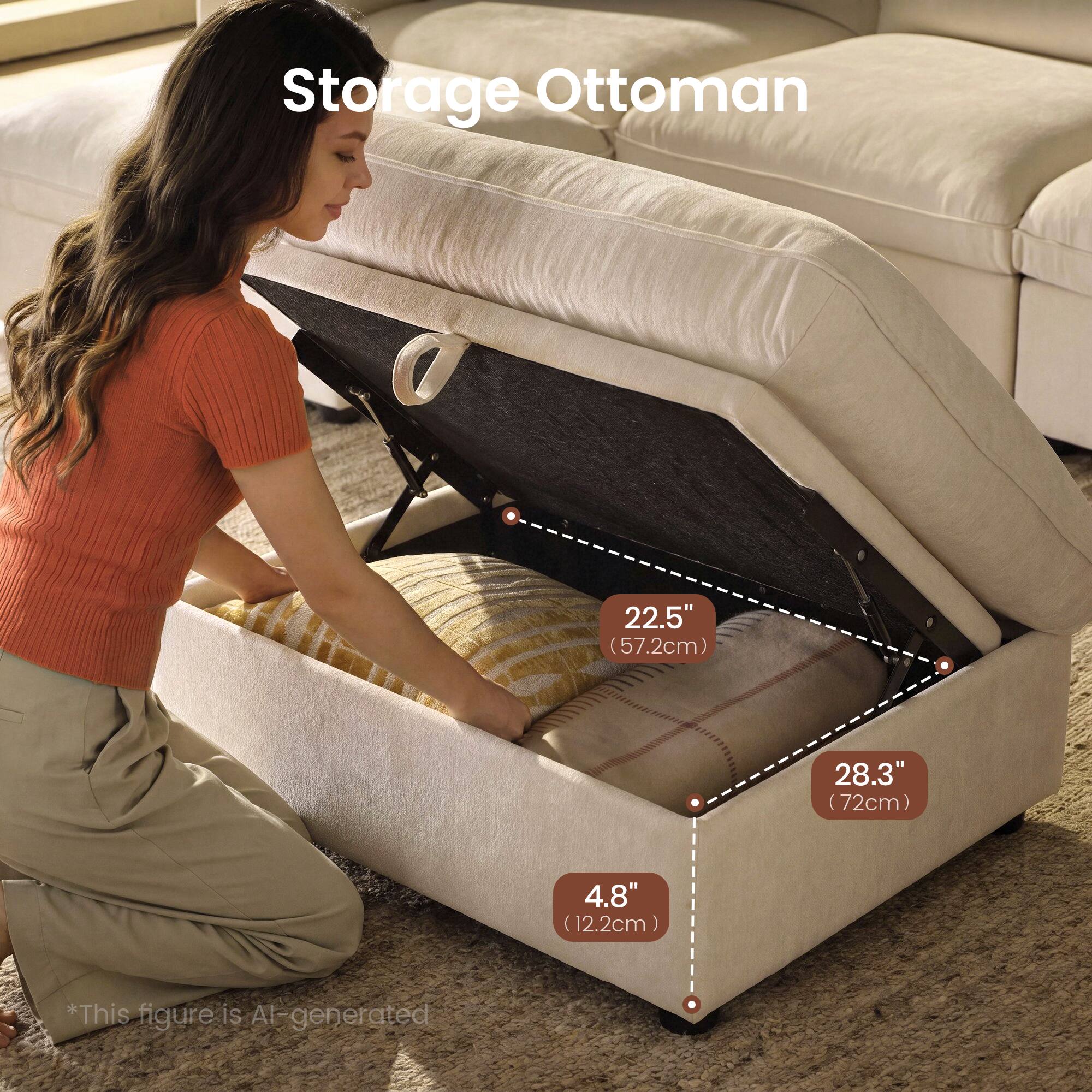 Storage Ottoman  
22.5" (57.2cm) 28.3" (72cm) 4.8" (12.2cm)  
*This figure is AI-generated