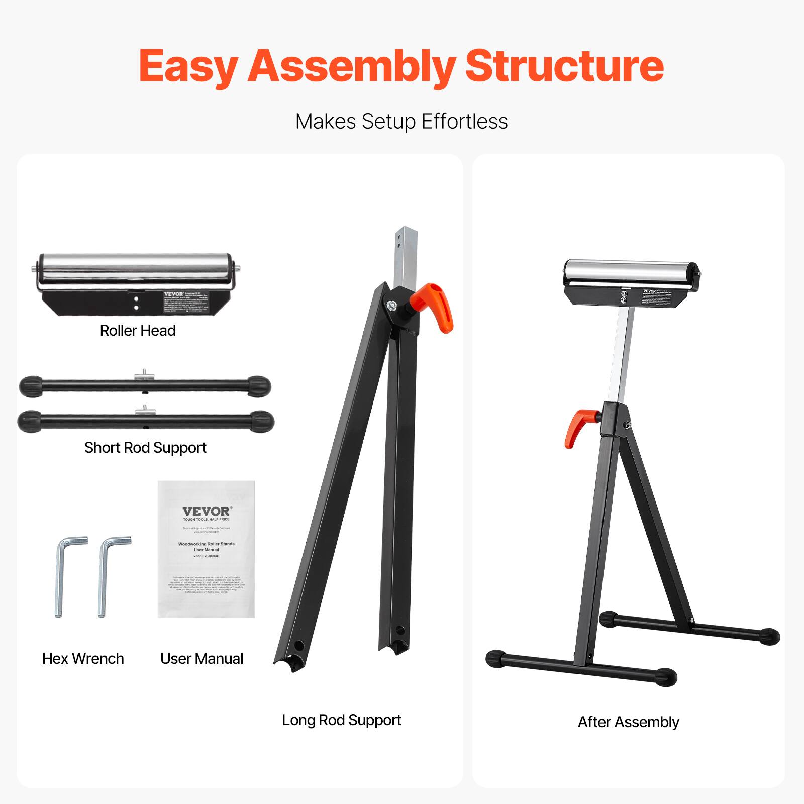 Easy Assembly Structure Makes Setup Effortless

- Roller Head
- Short Rod Support
- Hex Wrench
- User Manual
- Long Rod Support

After Assembly
