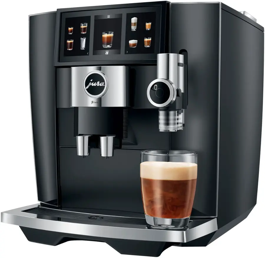 The image features a Jura J8re coffee machine with a glass of coffee on top of it. The coffee machine is black and silver, and it has a display with various coffee options. The coffee glass is placed on a table, and the machine is ready to serve a hot beverage.