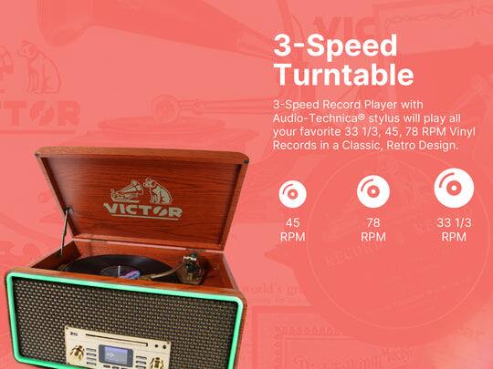 TOR 3-Speed Turntable 3-Speed Record Player with Audio-Technica stylus will play all your favorite 33 1/3, 45, 78 RPM Vinyl Records in a Classic, Retro Design. VICTOR 45 78 RPM 33 1/3 RPM