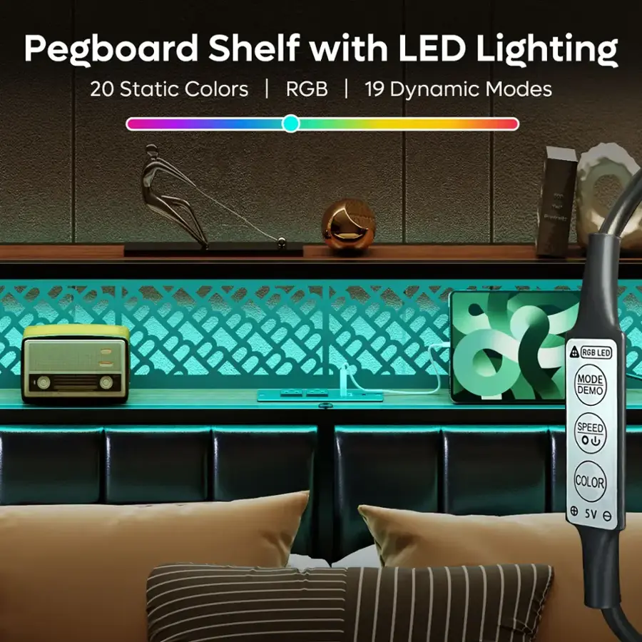 Pegboard Shelf with LED Lighting: 20 Static Colors (RGB) | 19 Dynamic Modes | Tae Poreer & 1 DEMO MODE | RGB LEO SPEED OU COLOR | 5V | A