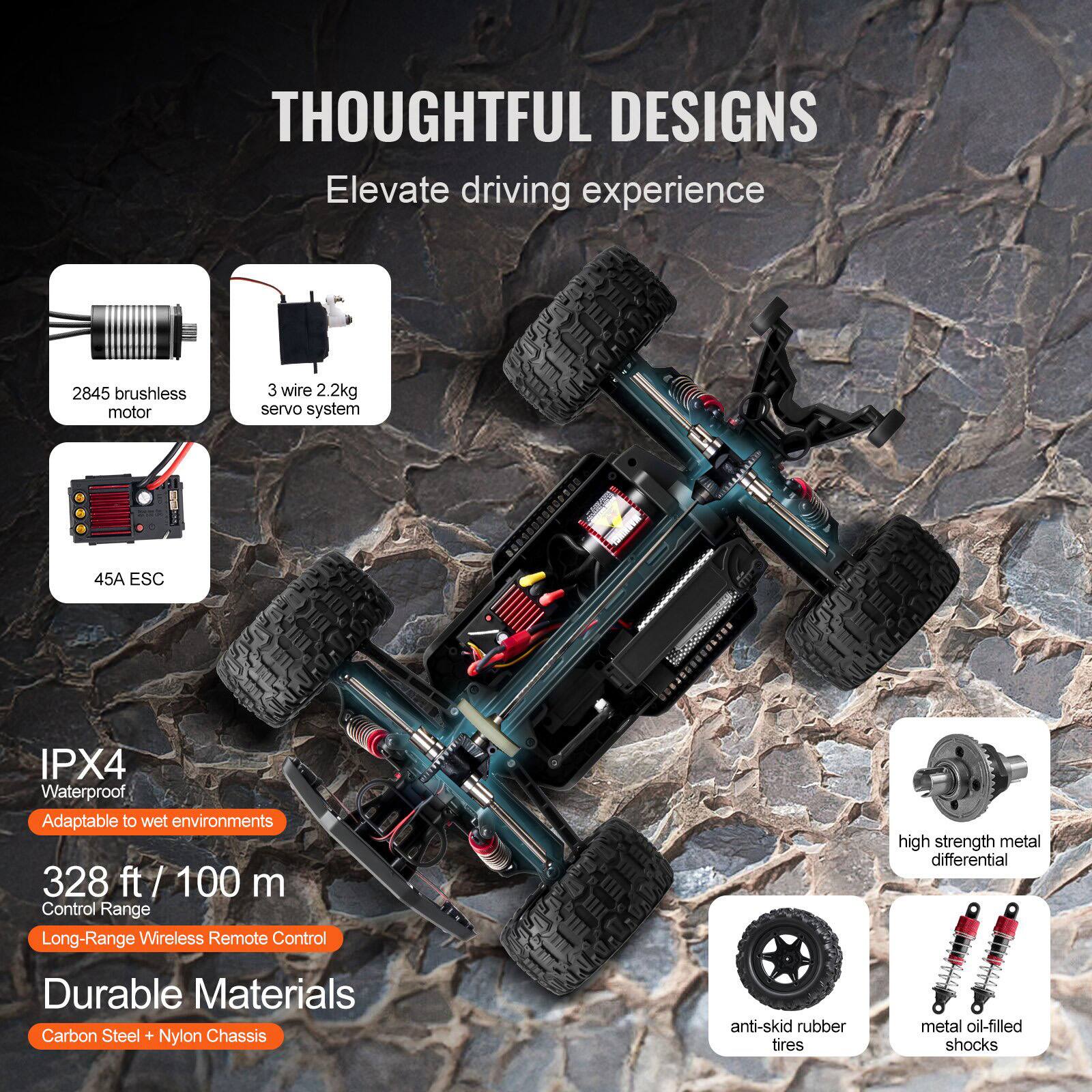 **THOUGHTFUL DESIGNS**  
Elevate driving experience

- **2845 brushless motor**
- **3 wire 2.2kg servo system**
- **45A ESC**
- **IPX4 Waterproof**  
  Adaptable to wet environments
- **328 ft / 100 m Control Range**  
  Long-Range Wireless Remote Control
- **Durable Materials**  
  Carbon Steel + Nylon Chassis
- **high strength metal differential**
- **anti-skid rubber tires**
- **metal oil-filled shocks**