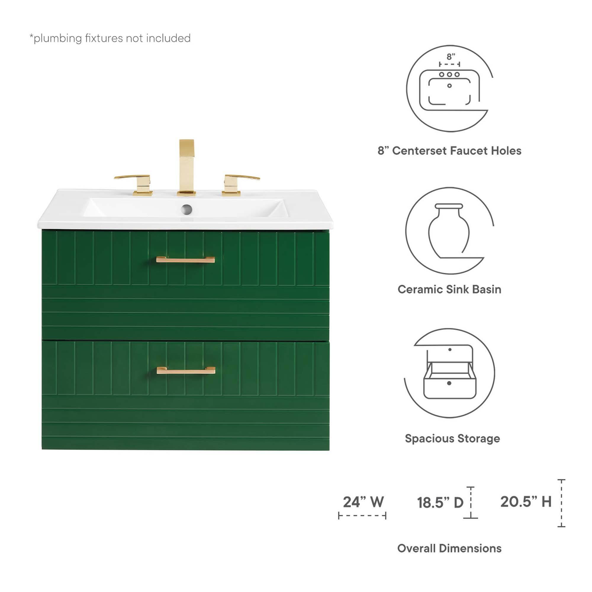 *plumbing fixtures not included

8" Centerset Faucet Holes

Ceramic Sink Basin

Spacious Storage

24" W x 18.5" D x 20.5" H Overall Dimensions