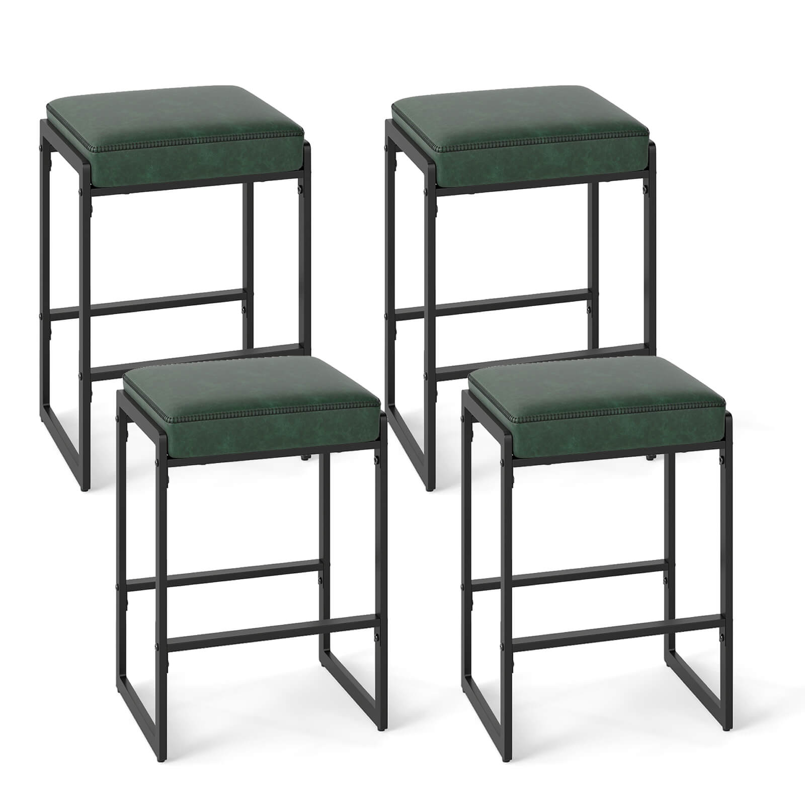 Costway - 26" Bar Stools Set of 4 with Faux Leather Upholstered Seat, Metal Legs, Footrests - Green + Black