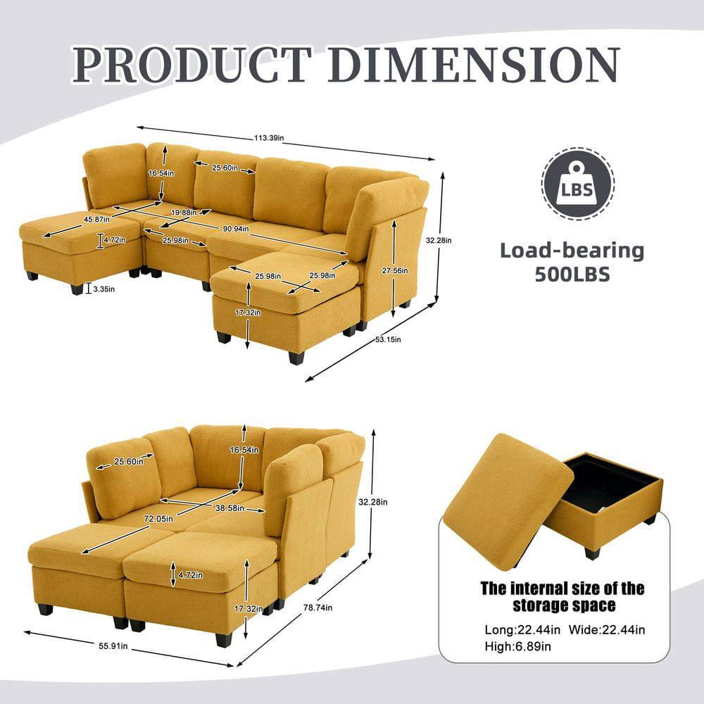 PRODUCT DIMENSION

- Length: 113.39in
- Width: 53.15in
- Height: 32.28in
- Seat Height: 19.88in
- Armrest Height: 25.60in
- Depth: 90.94in
- Seat Depth: 25.98in
- Armrest Width: 16.54in
- Back Height: 27.56in
- Armrest to Armrest: 55.91in
- Armrest to Seat: 17.32in
- Armrest to Floor: 3.35in
- Seat to Floor: 4.72in
- Load-bearing: 500LBS

The internal size of the storage space:
- Long: 22.44in
- Wide: 22.44in
- High: 6.89in