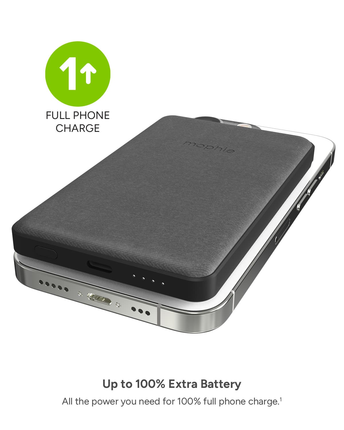 The text on the image reads: "1 FULL PHONE CHARGE mophie Up to 100% Extra Battery All the power you need for 100% full phone charge."