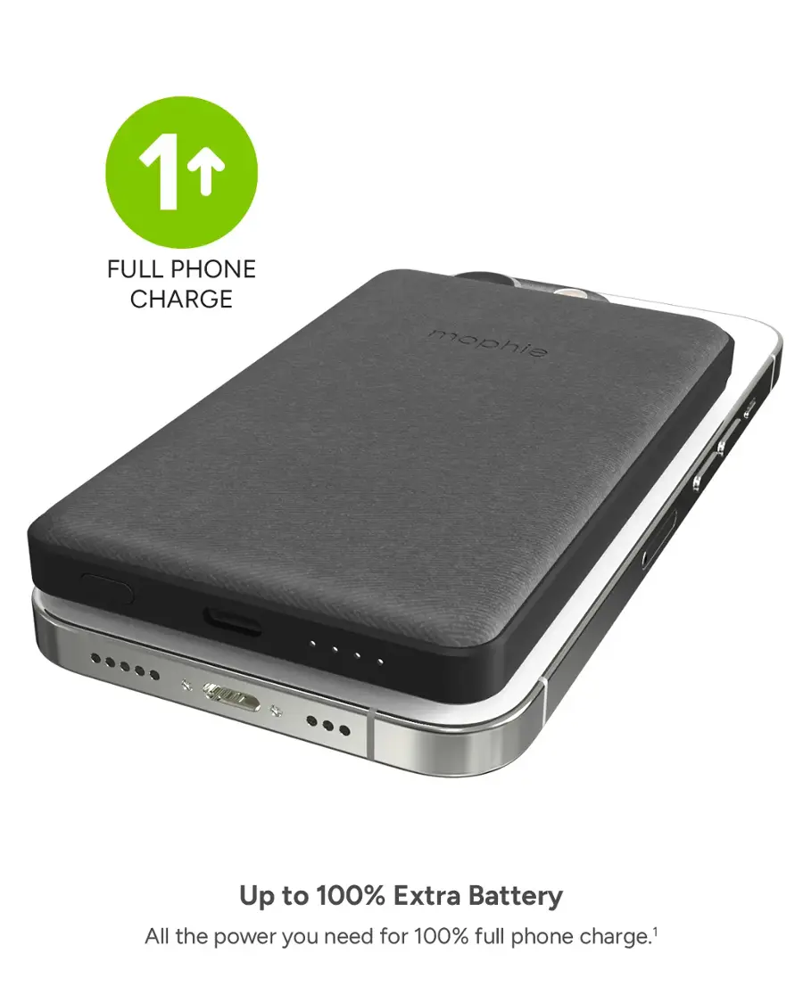 The text on the image reads: "1 FULL PHONE CHARGE mophie Up to 100% Extra Battery All the power you need for 100% full phone charge."