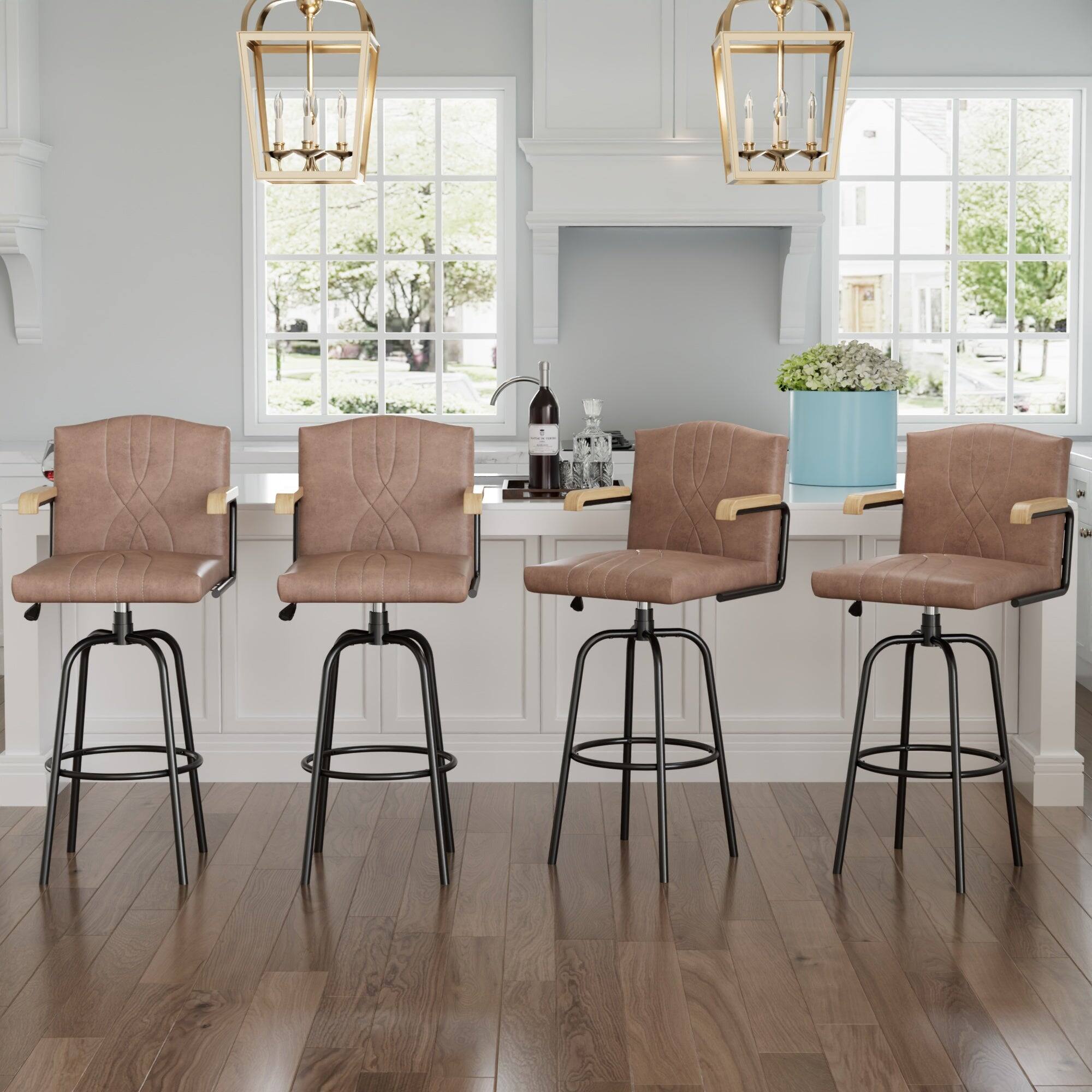 Left. Vecelo - Brown PU Leather Bar Stool Set Of 2 With Arms -Metal Frame, Wooden Arms And Floor Protectors - Brown.
