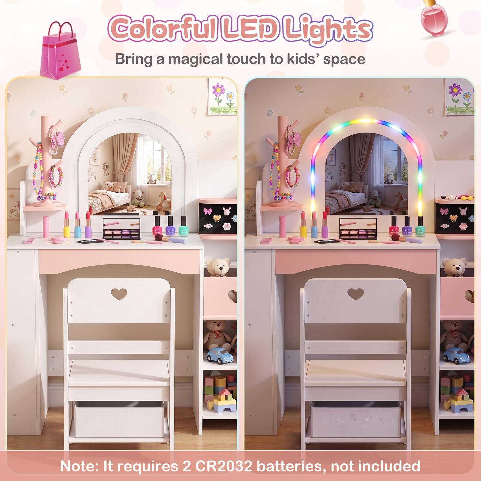 Colorful LED Lights Bring a magical touch to kids' space

Note: It requires 2 CR2032 batteries, not included