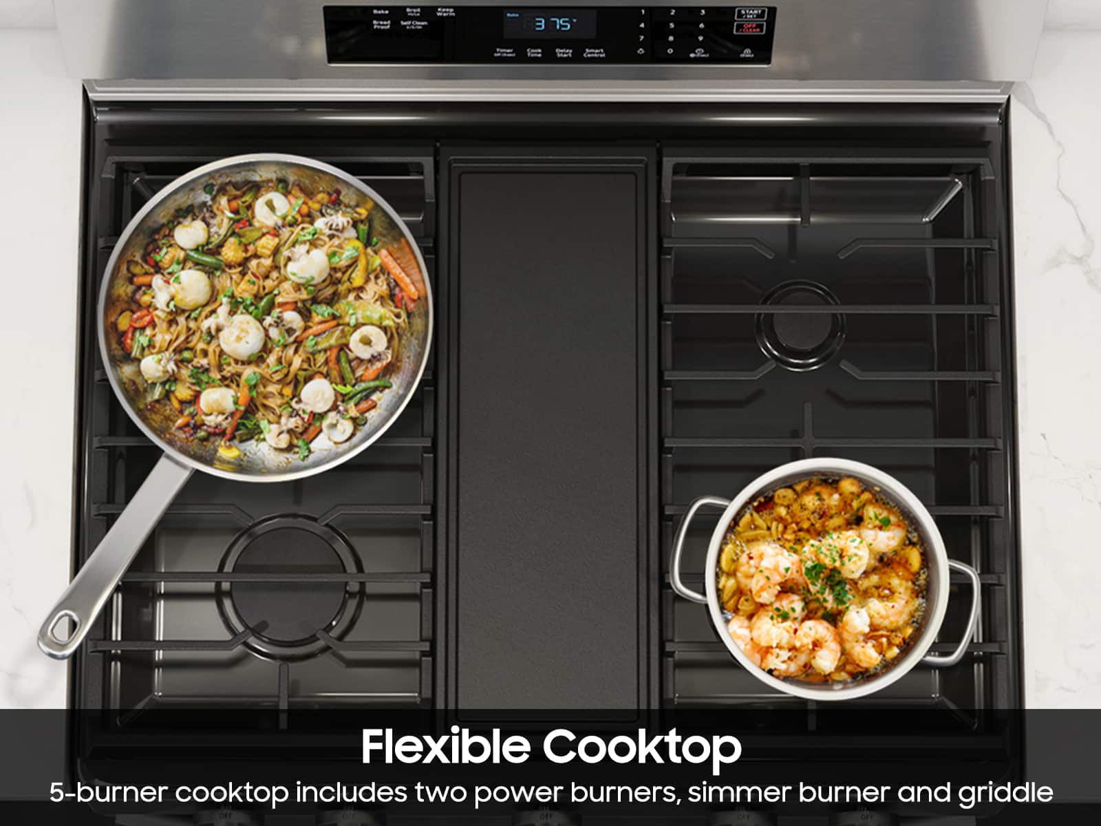 Flexible Cooktop 5-burner cooktop includes two power burners, simmer burner and griddle.