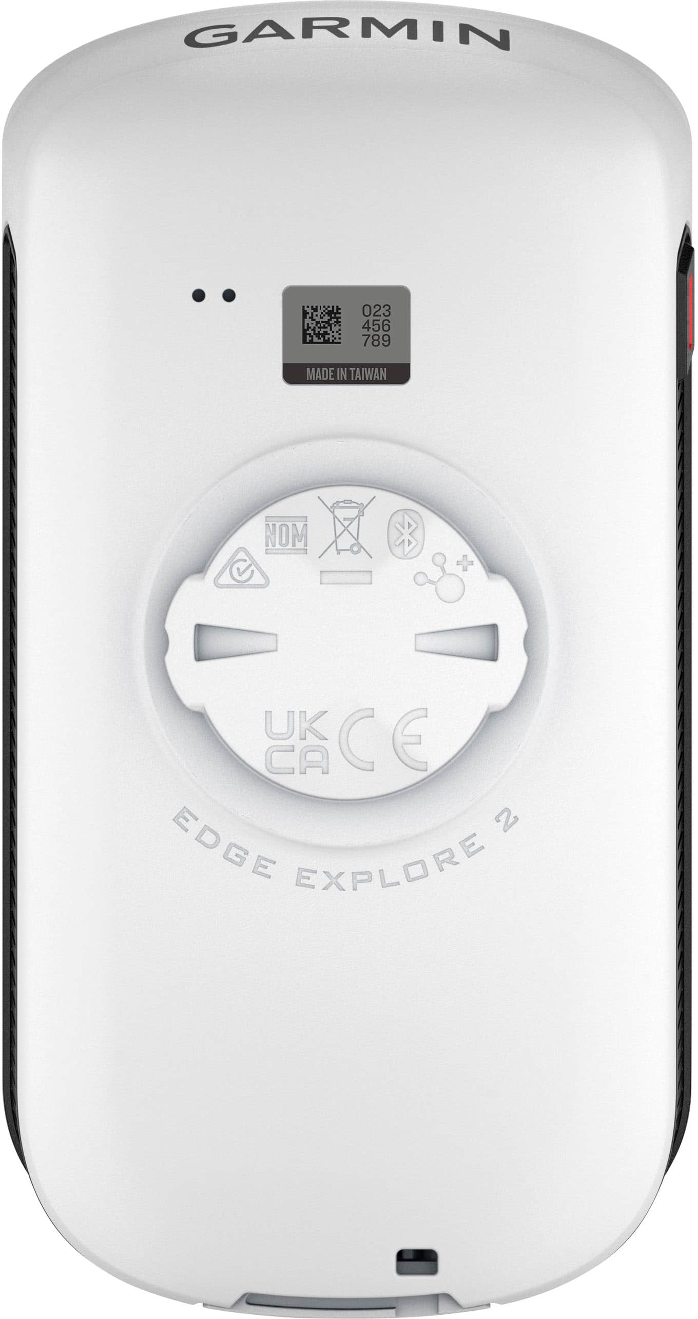 Garmin is a brand that manufactures electronic devices, such as the Edge Explore 2. The device is white and features a round button on the top. The device is made in Taiwan and has a CE marking, indicating that it complies with European Union safety and health regulations. The device also has a UK and CA marking, indicating that it is suitable for use in the United Kingdom and Canada.