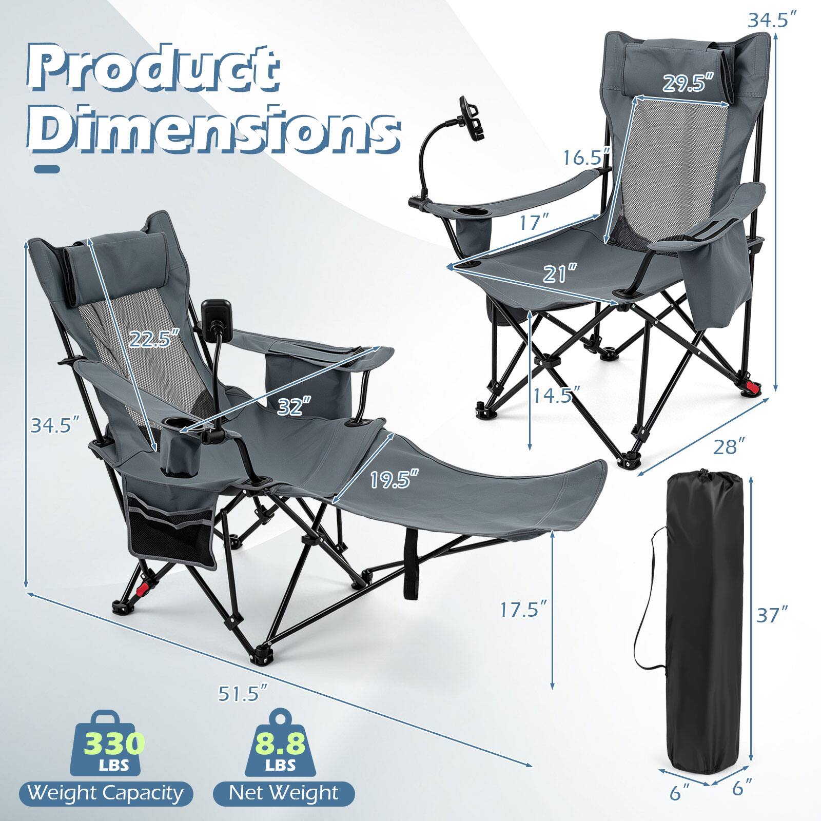 Product Dimensions:  
- 16.5"  
- 29.5"  
- 34.5"  
- 17"  
- 21"  
- 22.5"  
- 34.5"  
- 32"  
- 19.5"  
- 14.5"  
- 28"  
- 17.5"  
- 37"  
- 51.5"  

Weight Capacity: 330 LBS  
Net Weight: 8.8 LBS