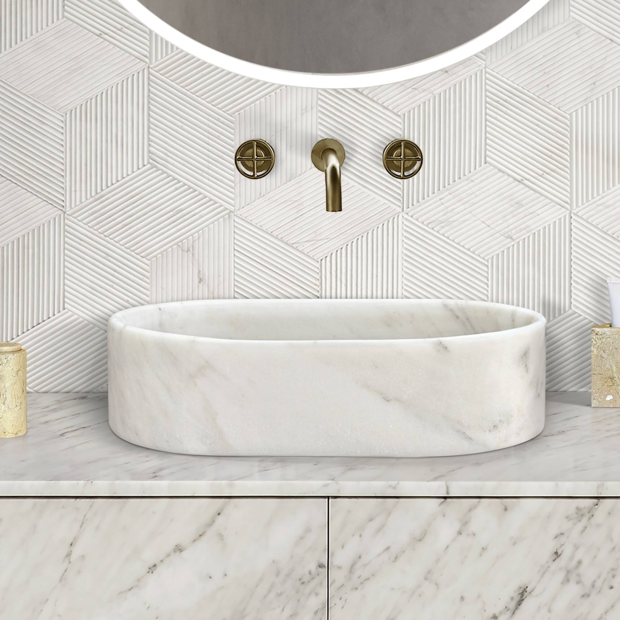 Front. ELEMENT ACE - Elegant Natural Marble Bathroom Vessel Sink with Semi-Polished Surface for Modern and Classic Bathroom Designs - White+Natural.