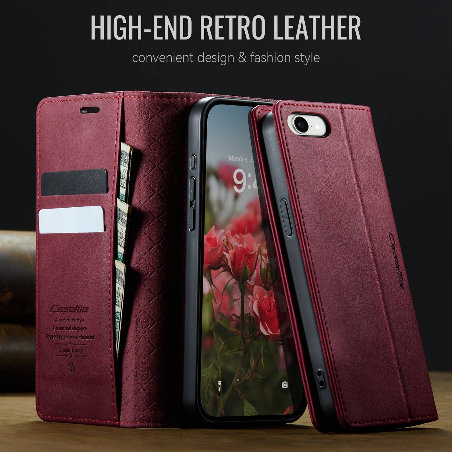 HIGH-END RETRO LEATHER  
convenient design & fashion style  

Caseie  
A kind of life style  
Nature and elegance  
Expressing personal character  
Simple Luxury  

Monday, S  
9:2