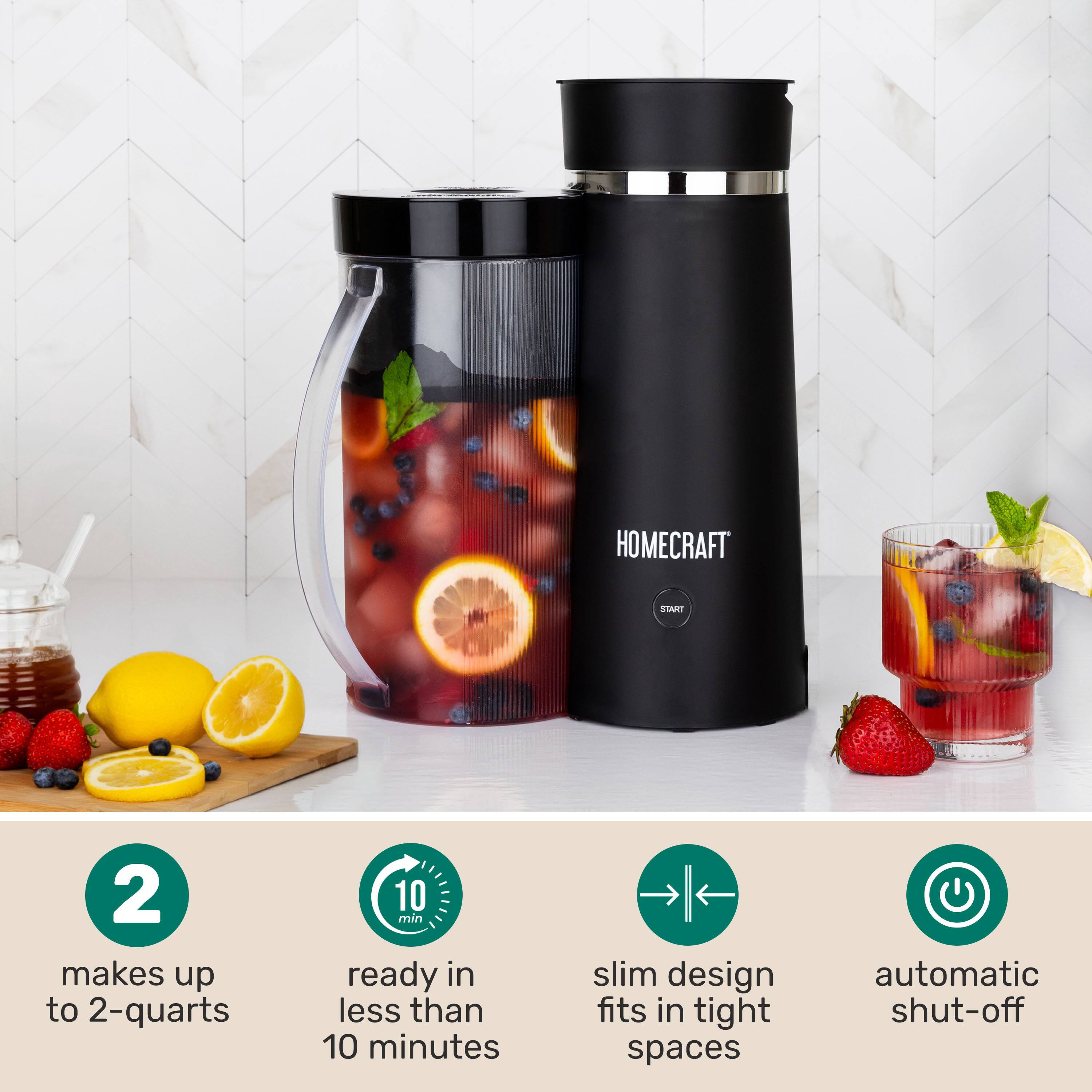 HOMECRAFT LUE 2 makes up to 2-quarts, ready in less than 10 minutes. Slim design fits in tight spaces. Automatic shut-off.