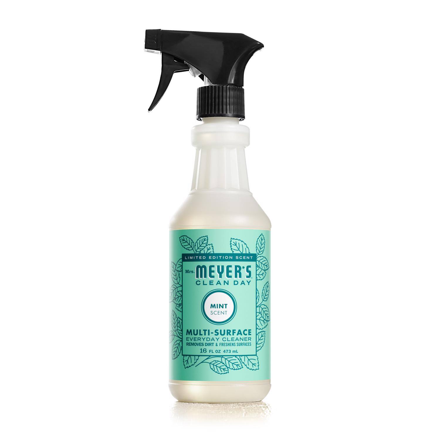 LIMITED EDITION  
Mrs. Meyer's Clean Day  
Mint Scent  
Multi-Surface Cleaner  
Everyday  
Removes Dirt & Freshens Surfaces  
16 FL OZ (473 mL)