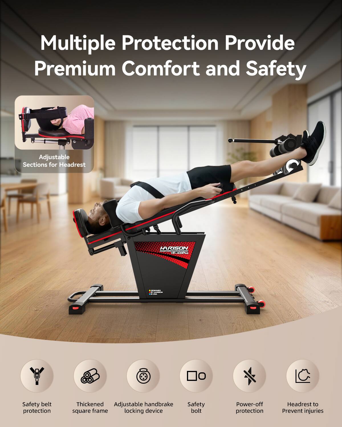 Multiple Protection Provide Premium Comfort and Safety

Adjustable Sections for Headrest

- Safety belt protection
- Thickened Adjustable handbrake square frame locking device
- Safety bolt
- Power-off protection
- Headrest to Prevent injuries