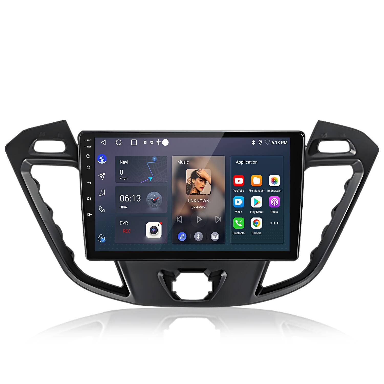 - 3:86:13 PM
- Navi
- Music
- Application
- 0 km/h
- 06:13
- Friday
- UNKNOWN
- UNKNOWN
- YouTube
- File Manager
- ImageScan
- Video
- Play Store
- Radio
- Bluetooth
- Chrome
- DVR
- REC