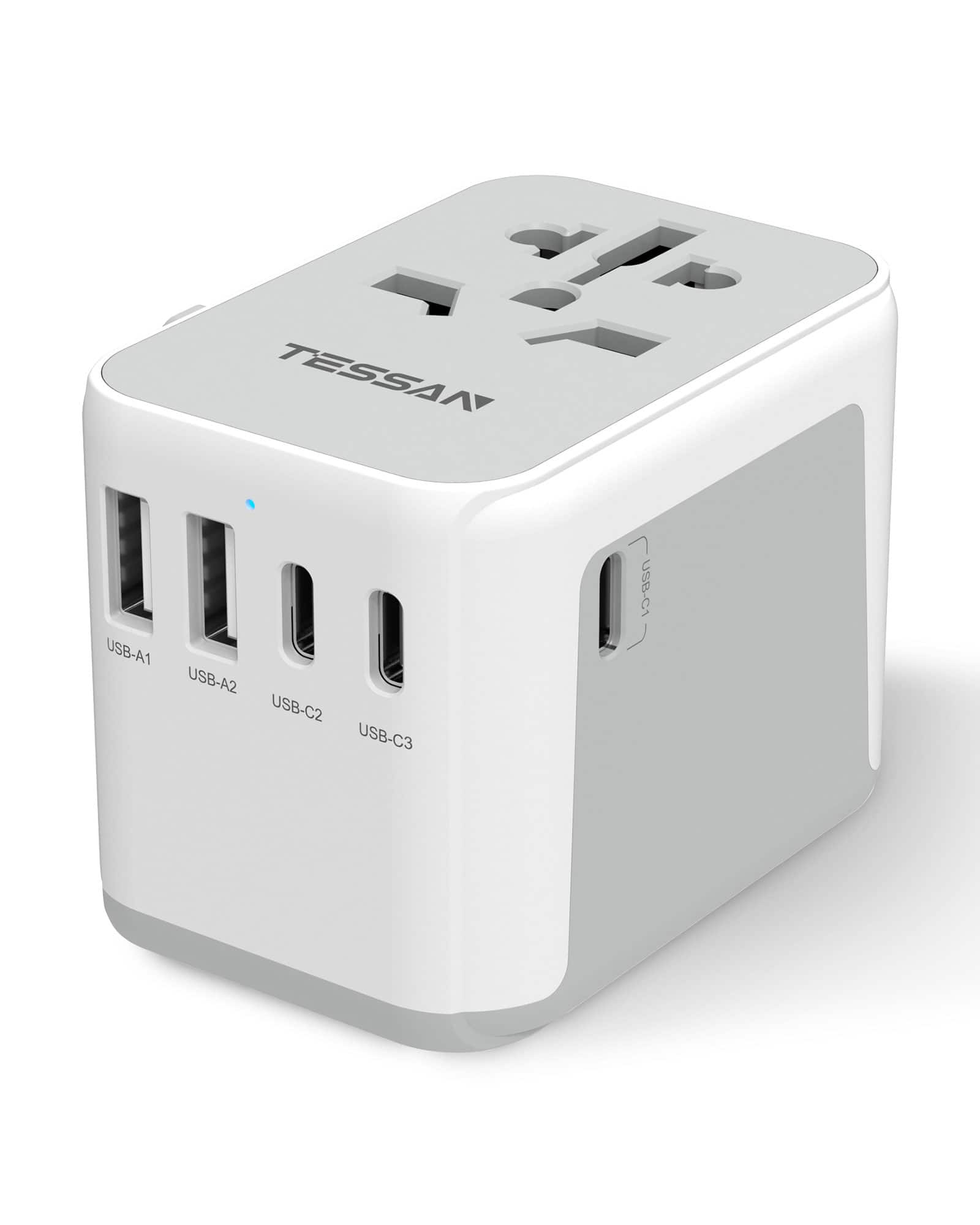 TESSAN - 28W Universal Travel Adapter with 3 USB-C Fast Charging & 2 USB-A - Grey white
