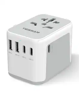 TESSAN - 28W Universal Travel Adapter with 3 USB-C Fast Charging & 2 USB-A - Grey white
