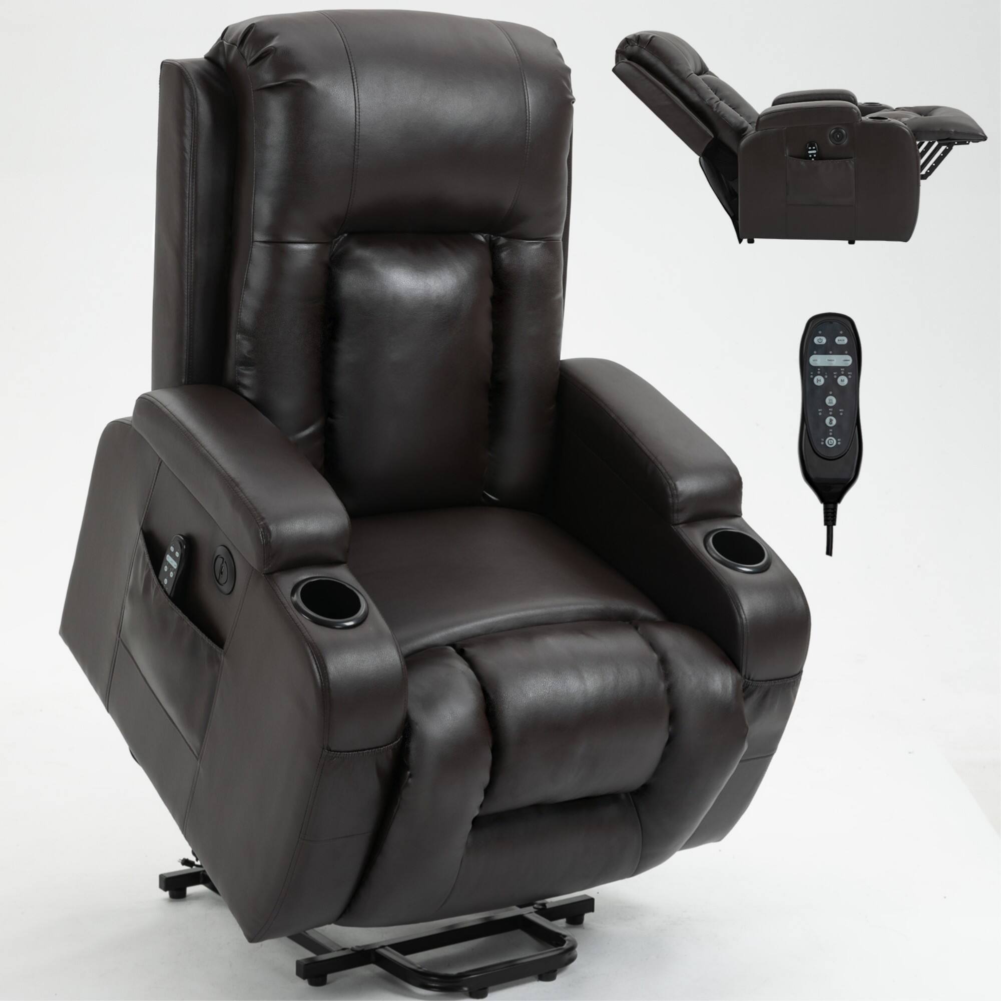 Alt View 6. LUCKY ONE - PU Single Motor Power Lift Recliner Chair with Massage and Heat, Infinite Position, USB, Cup Holder - Brown.