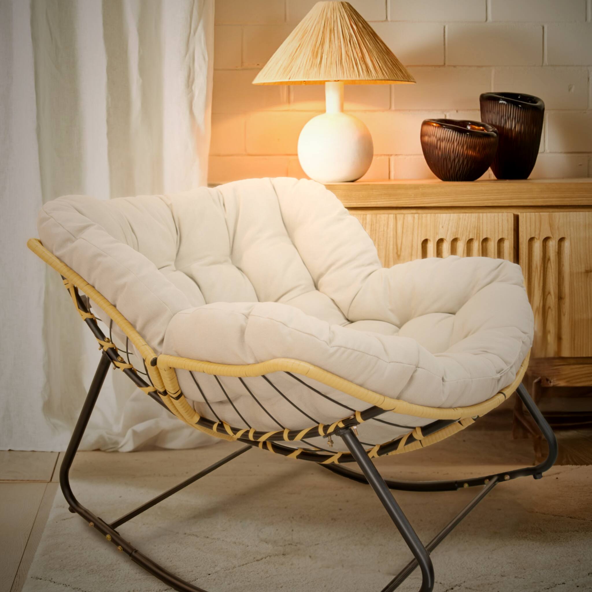 Alt View 6. Ecooso - Outdoor Rocking Chair, Patio Egg Rocker, Indoor Papasan Wicker Lounge Chair for Bedroom, Living Room, Garden - Beige.