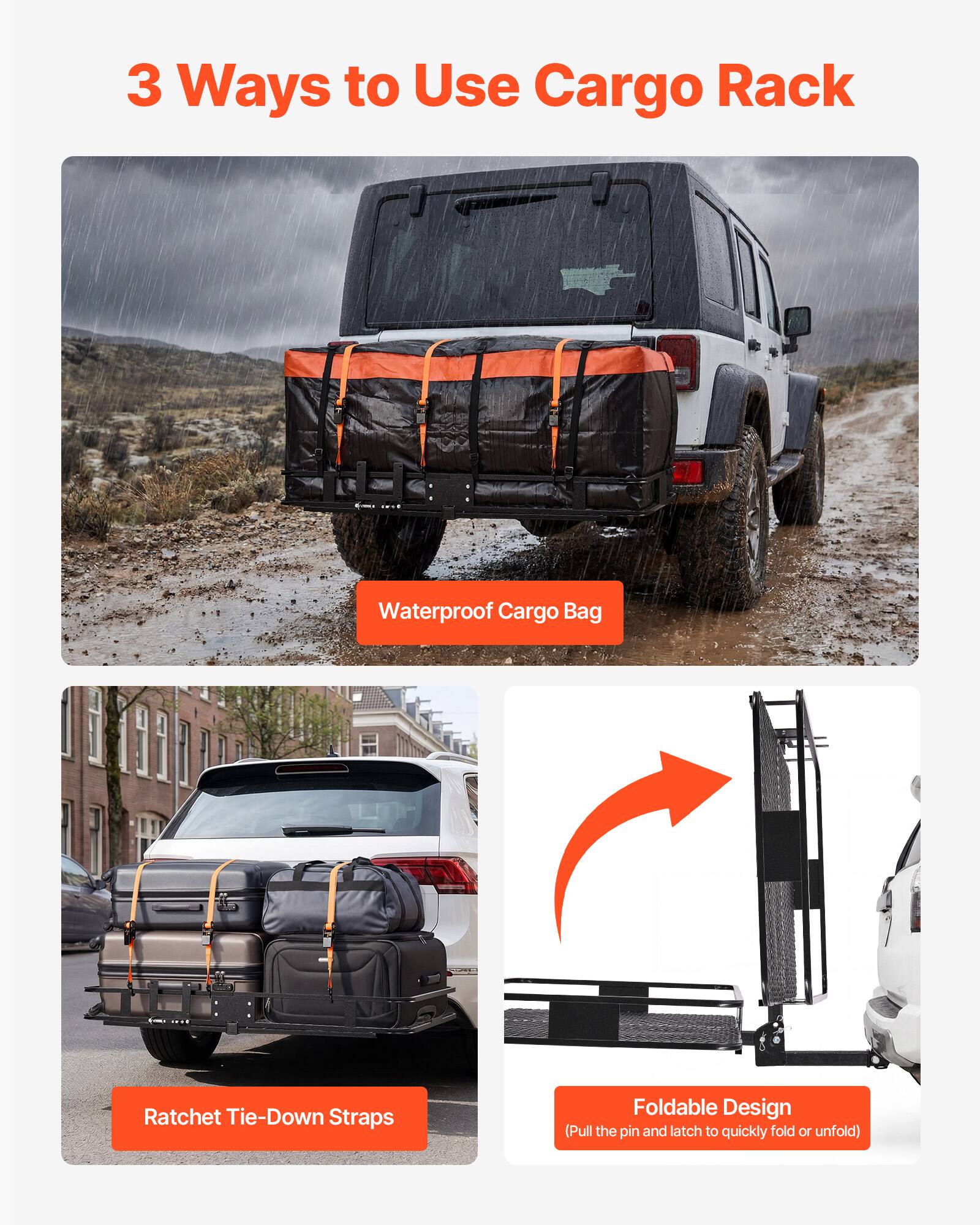 3 Ways to Use Cargo Rack Waterproof Cargo Bag Ratchet Tie-Down Straps Foldable Design (Pull the pin and latch to quickly fold or unfold)