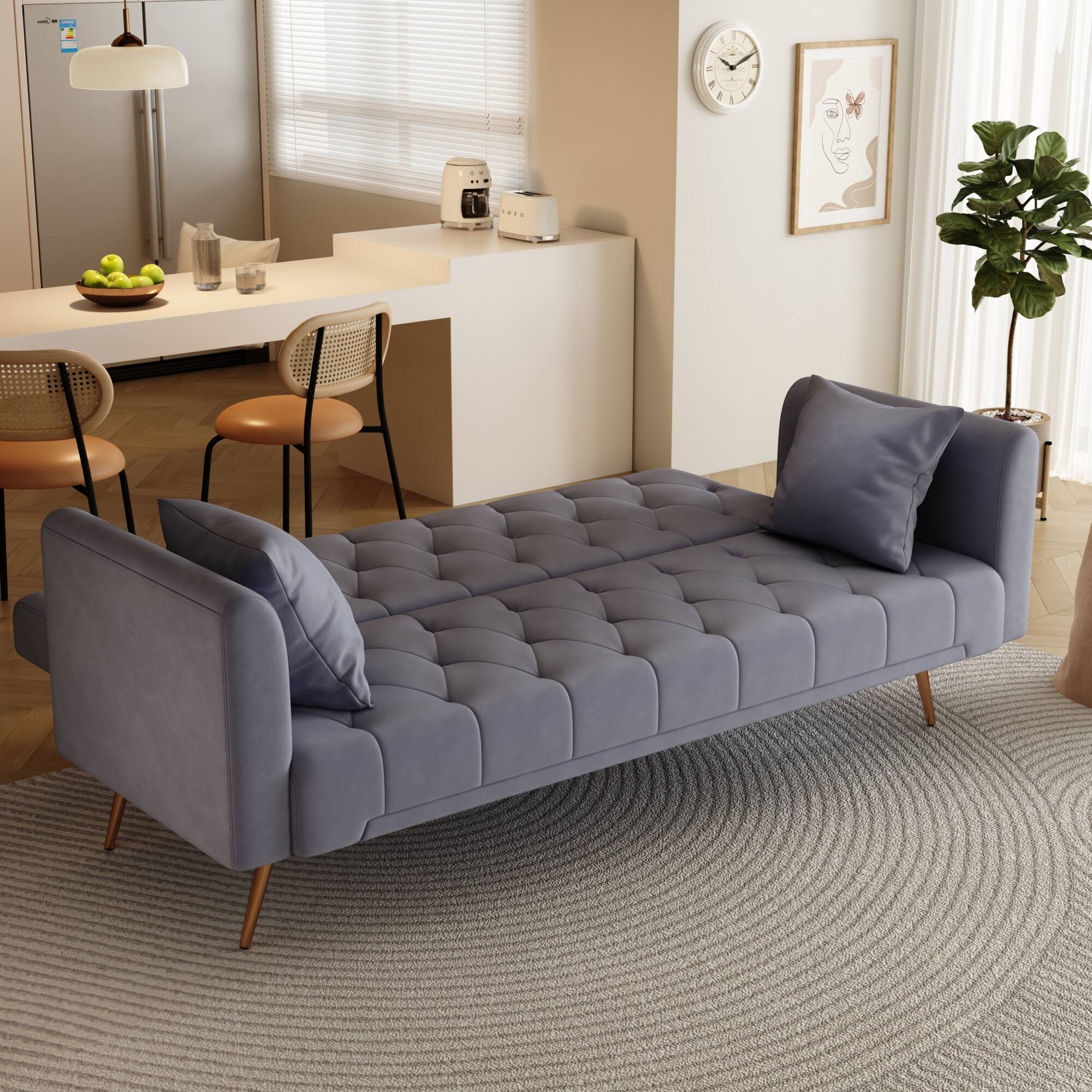 Back. GOODSILO - Convertible Velvet Sofa Bed with Adjustable Backrest for Small Spaces, Living Room and Office Use - Gray.