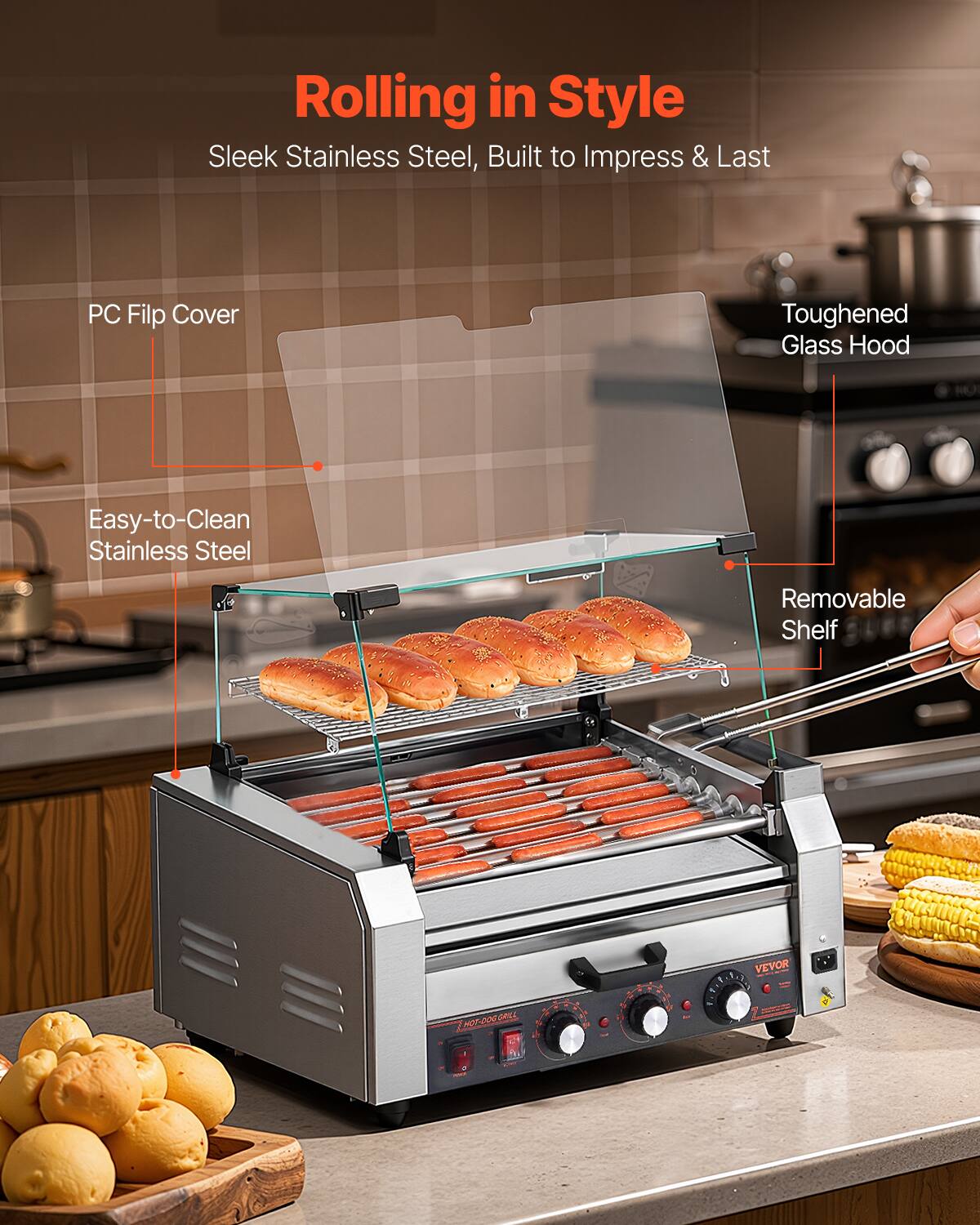 Rolling in Style  
Sleek Stainless Steel, Built to Impress & Last

- PC Flip Cover
- Toughened Glass Hood
- Easy-to-Clean Stainless Steel
- Removable Shelf

VEVOR  
HOT-DOG GRILL