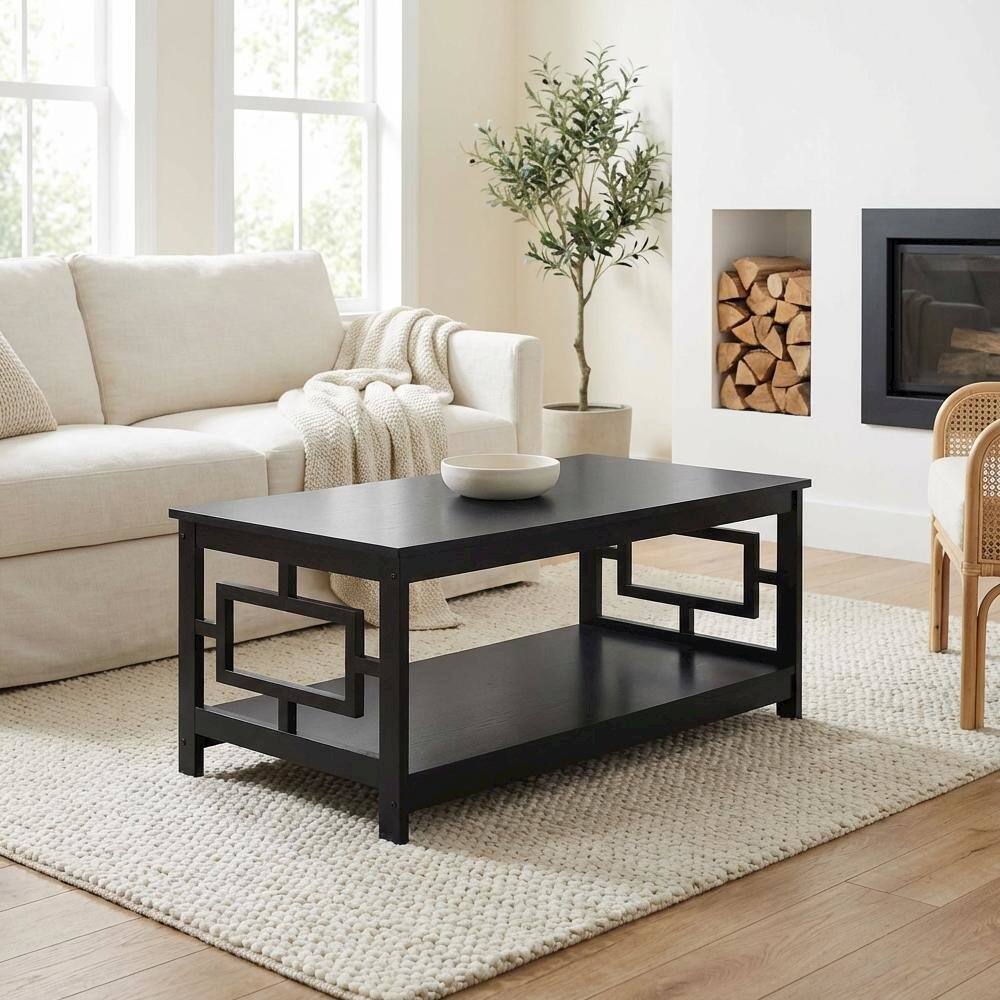 Back. FurniFact - Black Coffee Table MDF with Storage Shelf and Multi-Finish Options - Black.