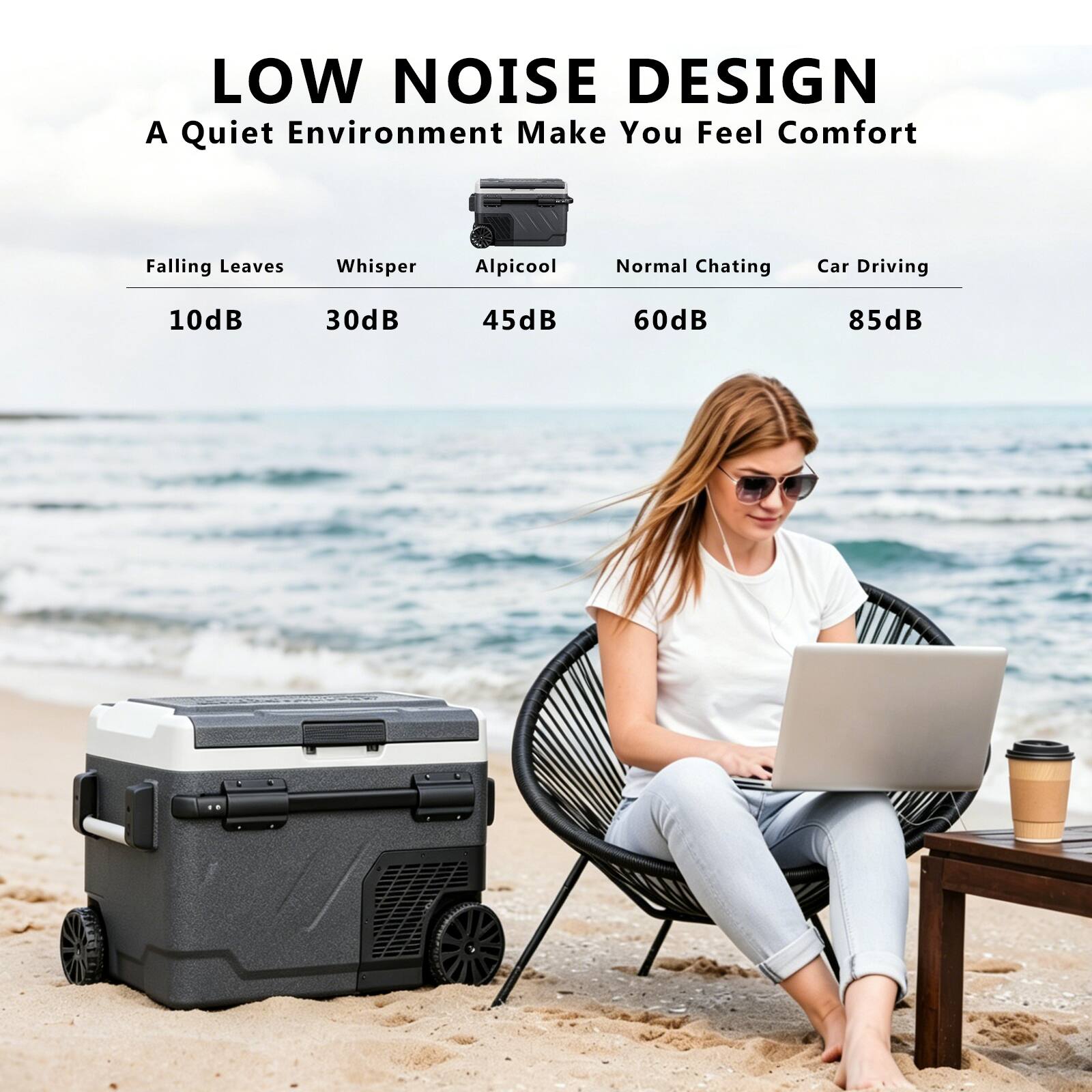 LOW NOISE DESIGN  
A Quiet Environment Make You Feel Comfort  
Falling Leaves Whisper Alpicool Normal Chating Car Driving  
10dB 30dB 45dB 60dB 85dB