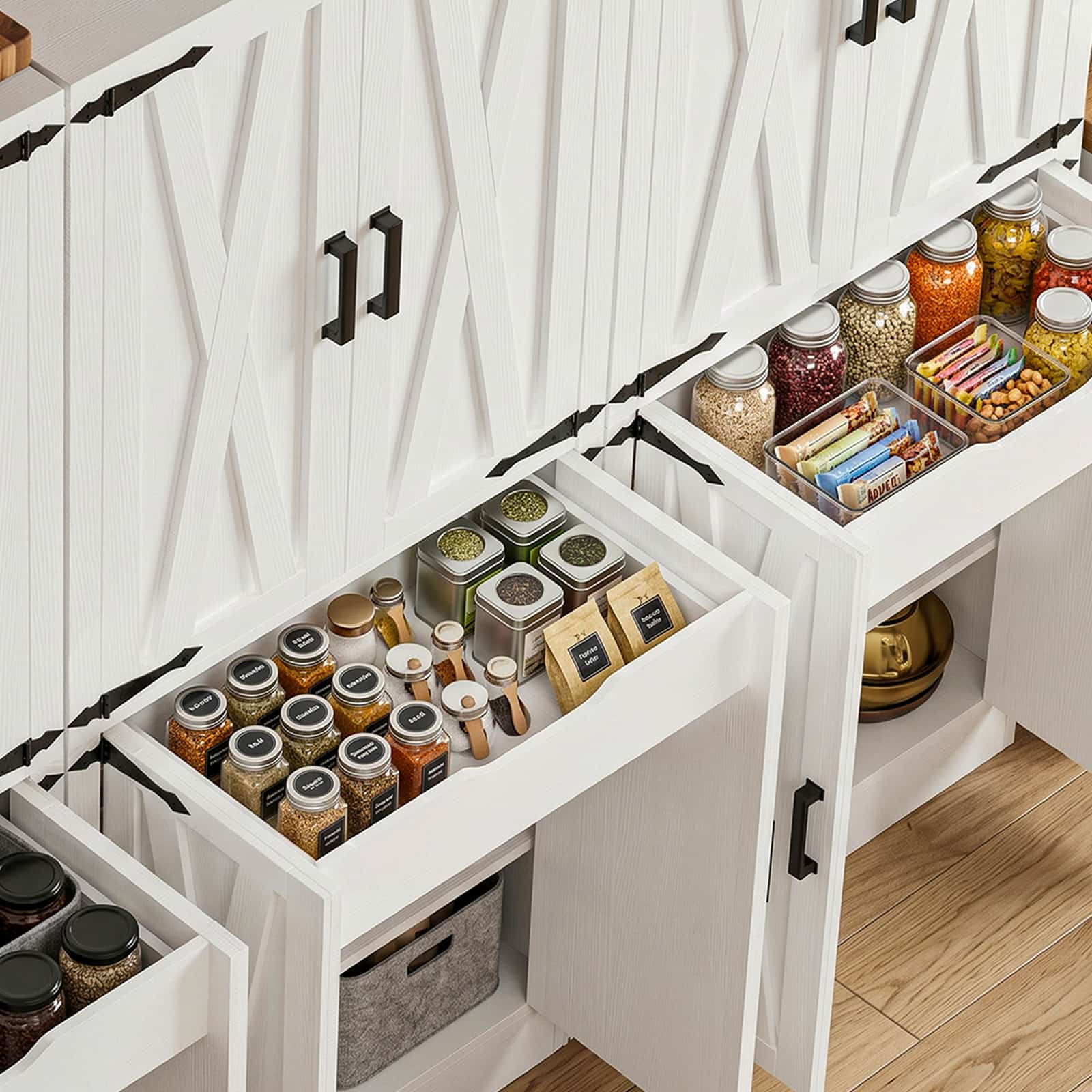Alt View 3. Aheaplus - 71'' Tall 4 Door Farmhouse Pantry Cabinet with Drawer and Adjustable Shelves, 70.8'' Width Food Cupboard, 3 Packs - White.