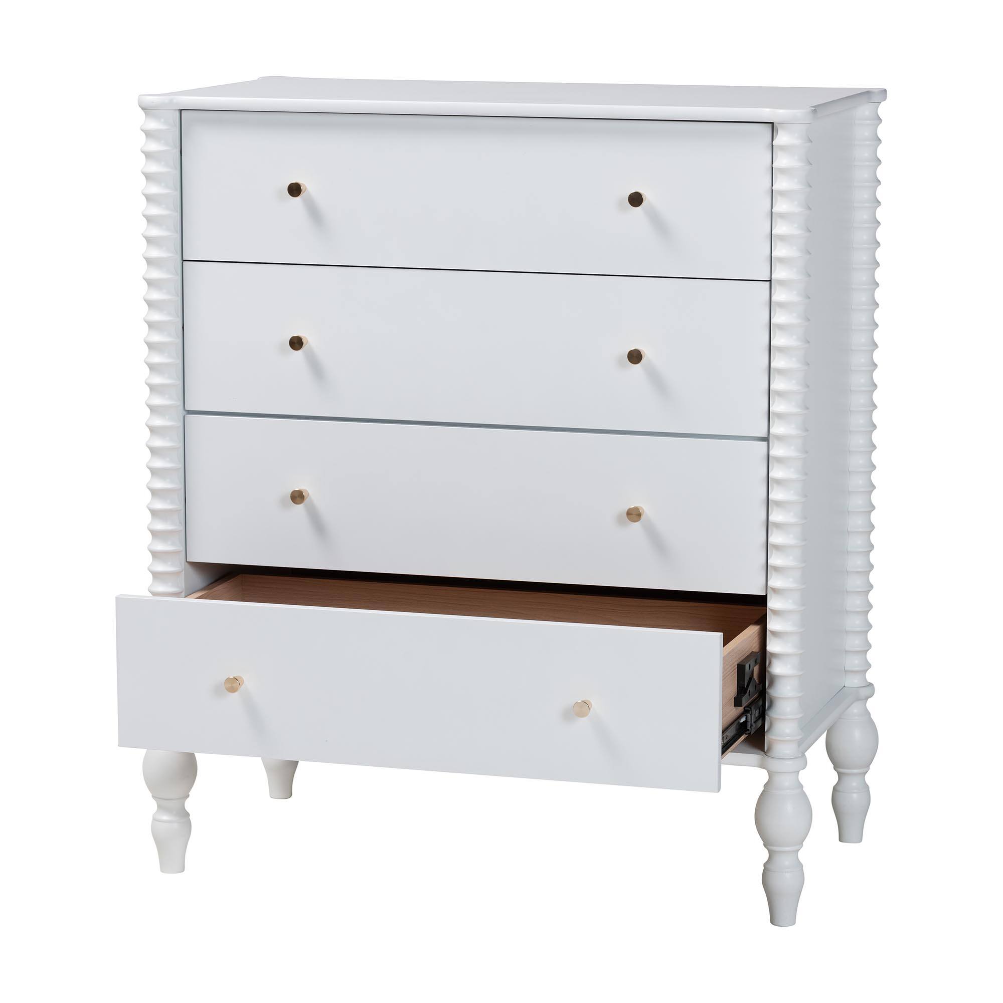 Angle. Baxton Studio - Callison Spindle Chest - 4-Drawer Farmhouse Vertical Cabinet with Turned Accents for Bedroom, - White.