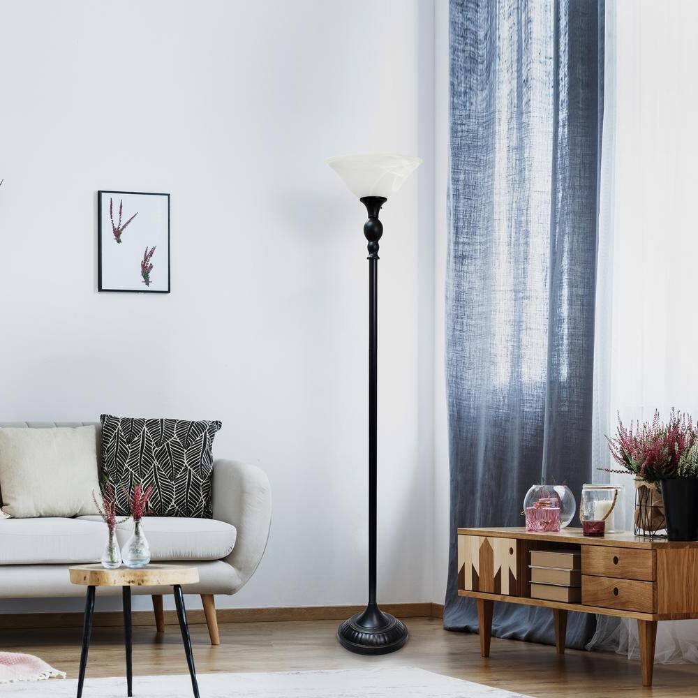 Back. Hivvago - 71-inch Floor Lamp Torchiere in Bronze Finish with White Marbled Glass Shade - Bronze Finish, White.