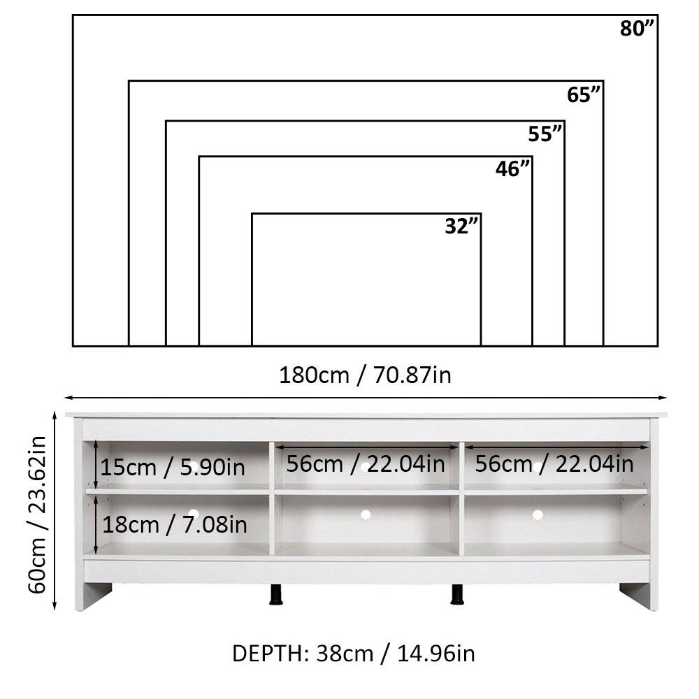 - 80"
- 65"
- 55"
- 46"
- 32"
- 180cm / 70.87in
- 180cm / 70.87in
- 23.62in
- 60cm / 23.62in
- 15cm / 5.90in
- 56cm / 22.04in
- 15cm / 5.90in
- 56cm / 22.04in
- 18cm / 7.08in
- 18cm / 7.08in
- DEPTH: 38cm / 14.96in