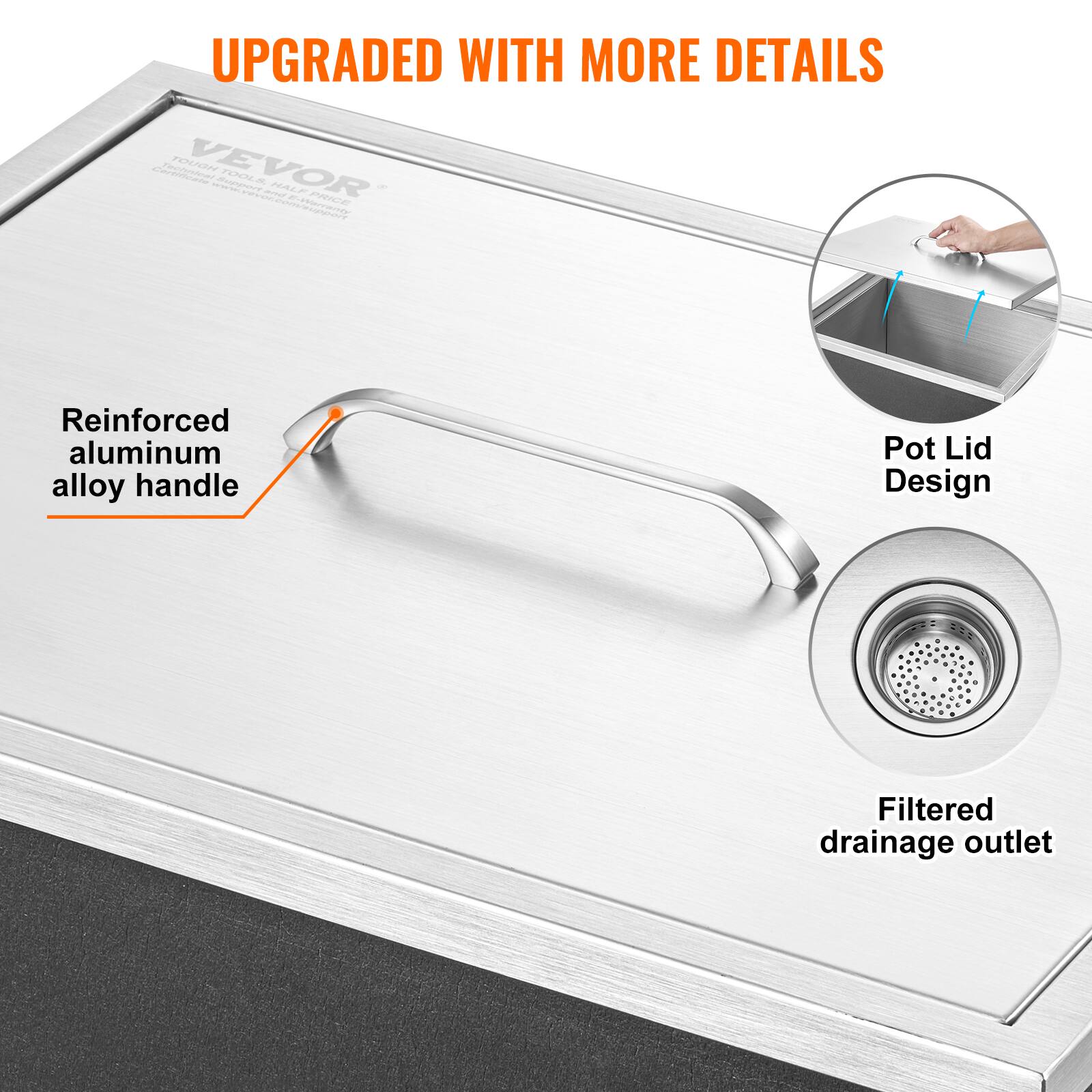 UPGRADED WITH MORE DETAILS

- Reinforced aluminum alloy handle
- Pot Lid Design
- Filtered drainage outlet

www.vevorcomesaserr.com