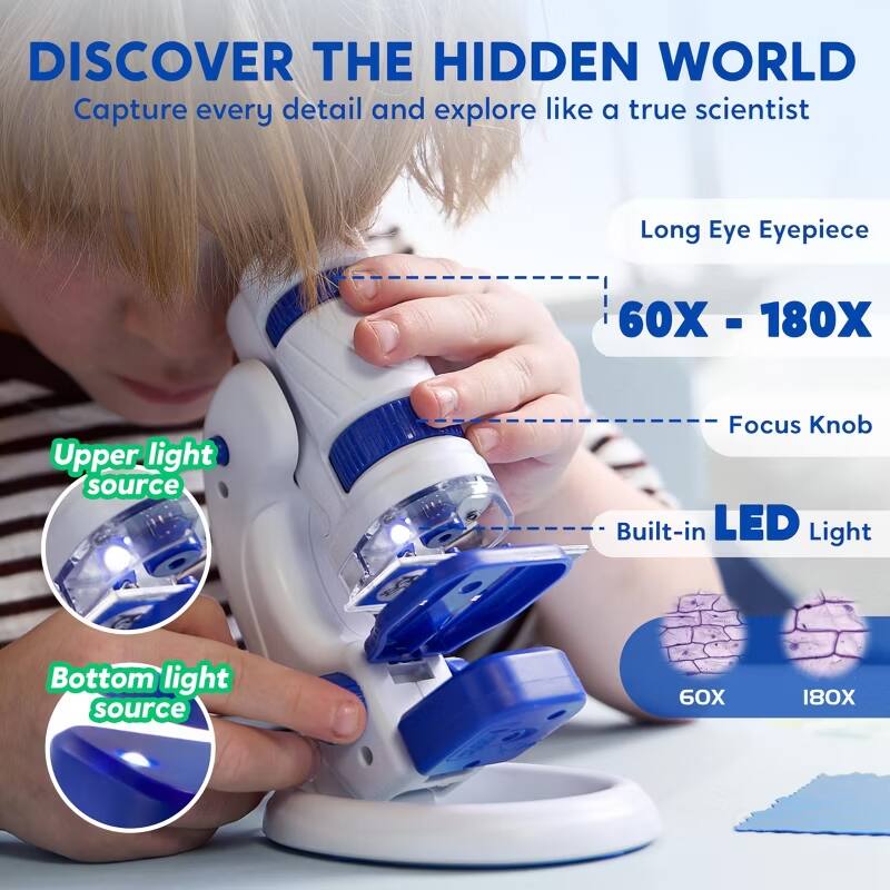 DISCOVER THE HIDDEN WORLD  
Capture every detail and explore like a true scientist  

Long Eye Eyepiece  
60X - 180X  

Upper light source  
Focus Knob  
Built-in LED Light  
Bottom light source  
60X - 180X