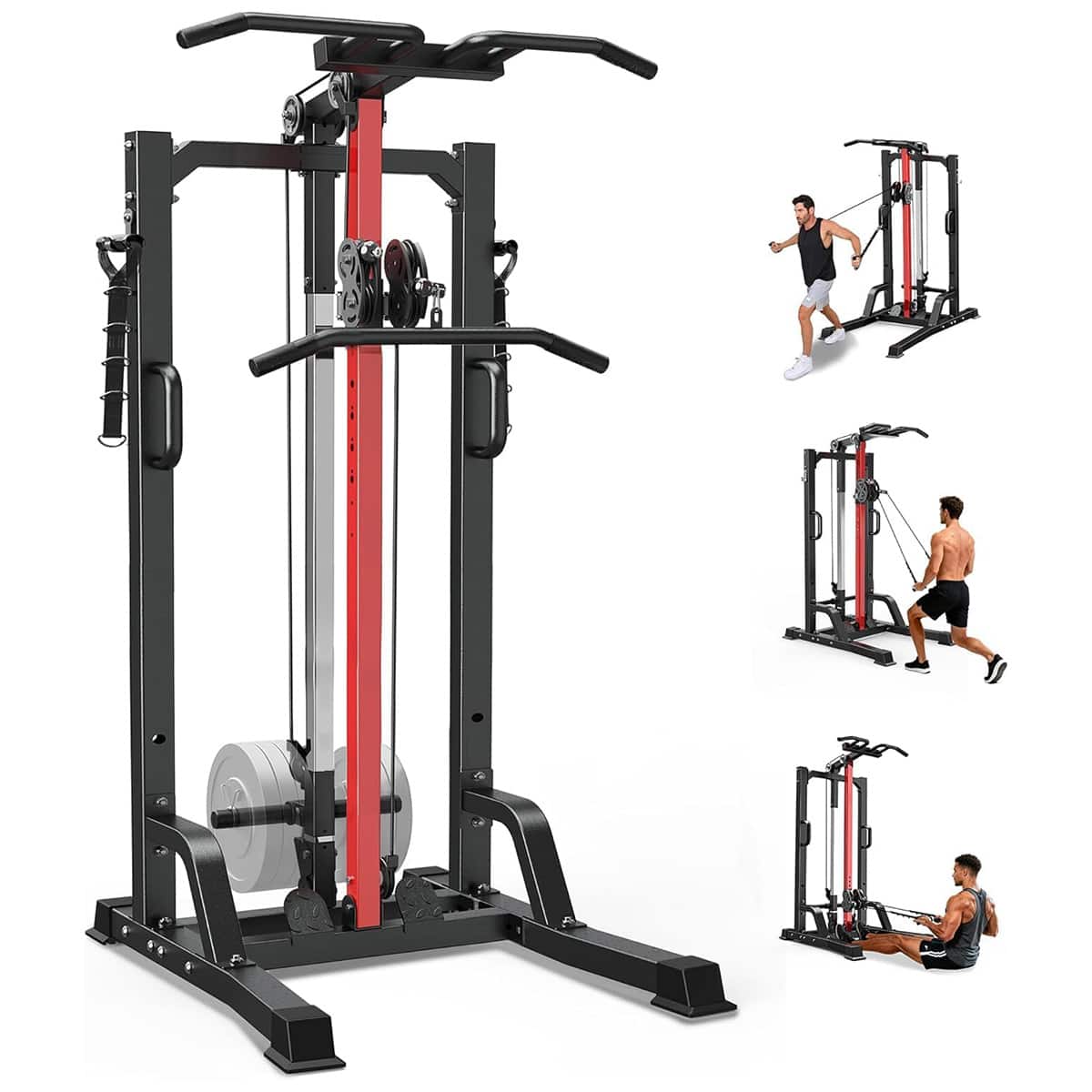 Front. Pooboo - Multi-Function Power Tower Pull Up Bar & Dip Station with 16-Position Cable System,450 lbs Capacity - Black.