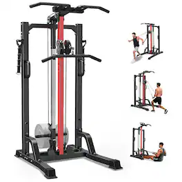 Pooboo - Multi-Function Power Tower Pull Up Bar & Dip Station with 16-Position Cable System,450 lbs Capacity - Black