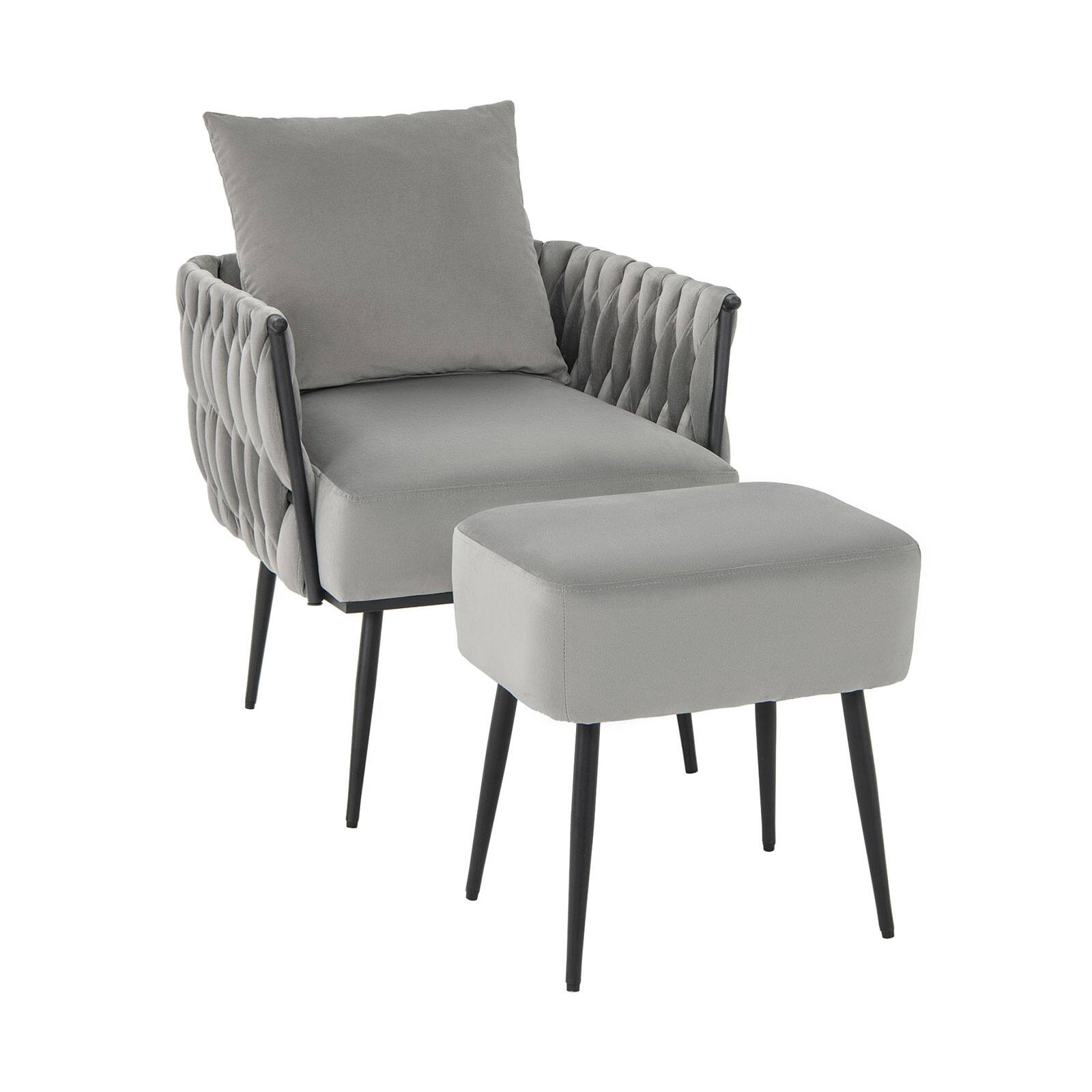 Ecooso - Modern Dutch Velvet Accent Chair and Ottoman Set with Weaved Backrest and Arms - Gray