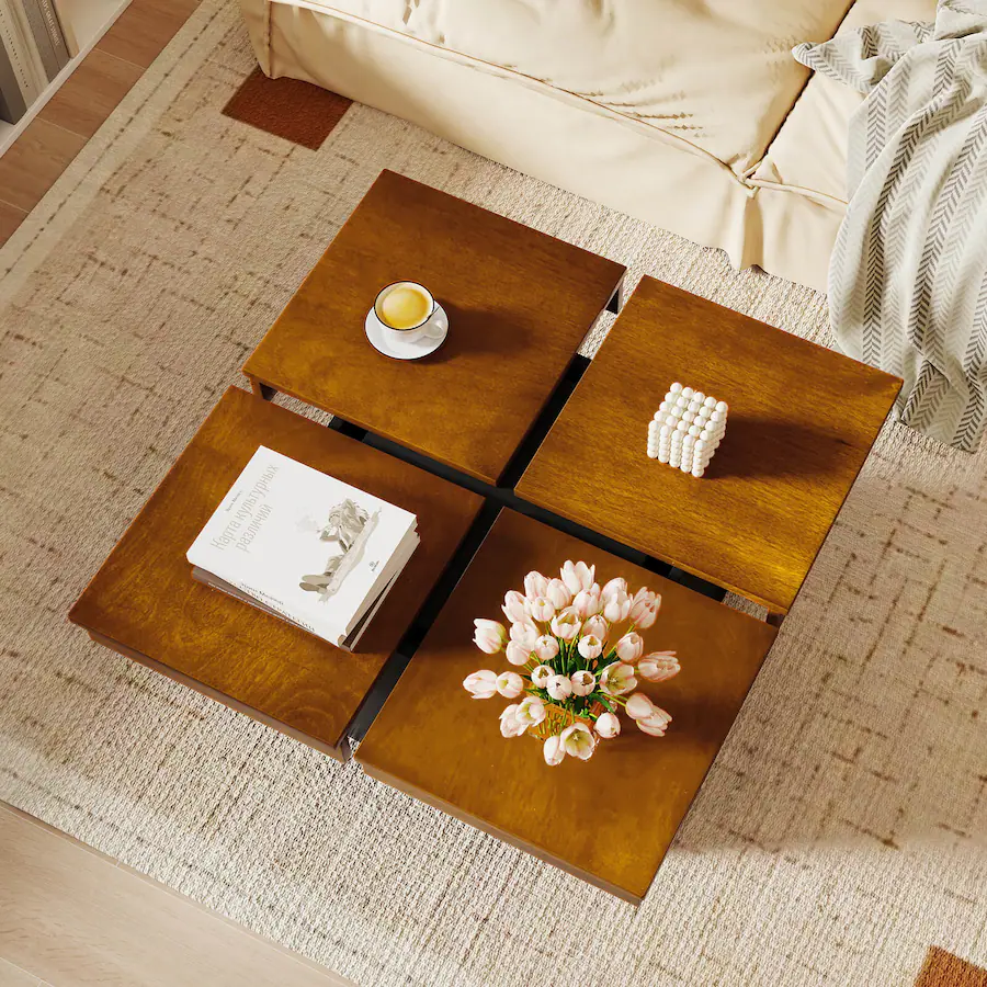 Recessed Table. Custom Costway Square Coffee Table with Solid Wood Veneered Split Top Recessed ...