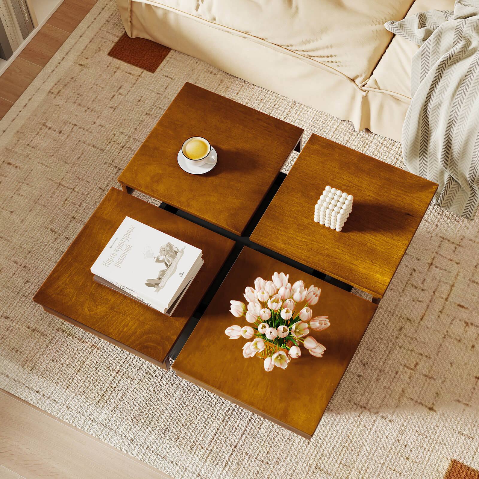 Alt View 1. Costway - Costway Square Coffee Table with Solid Wood Veneered Split Top Recessed Base for Apartment - Walnut & Black.