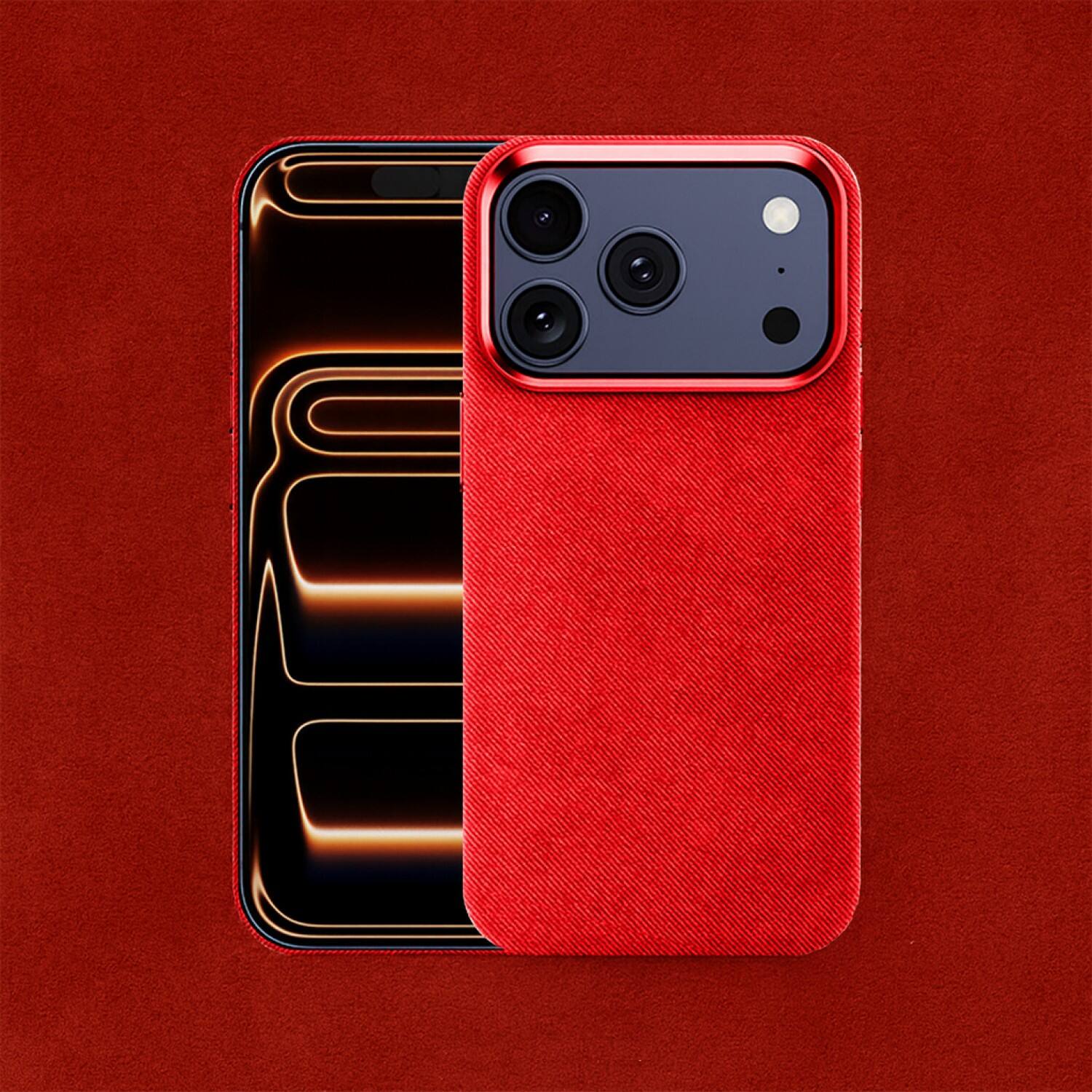 Angle. SaharaCase - Apple iPhone 17 Pro Max Suede Leather Case | Premium Suede Finish | Smooth Grip | Precise Cutouts - Viper Red.