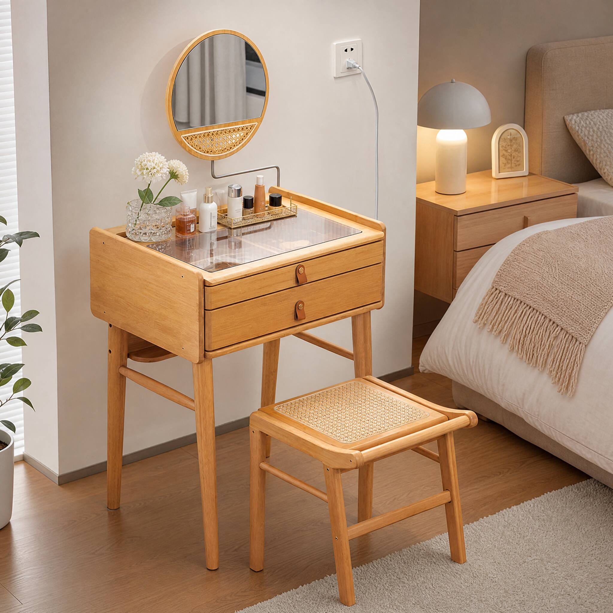 Alt View 4. WELLFOR - Bamboo Makeup Vanity Table Set with Angle‑Adjustable Round Mirror, Tempered Glass Tabletop, 2 Drawers & Stool - Natural.