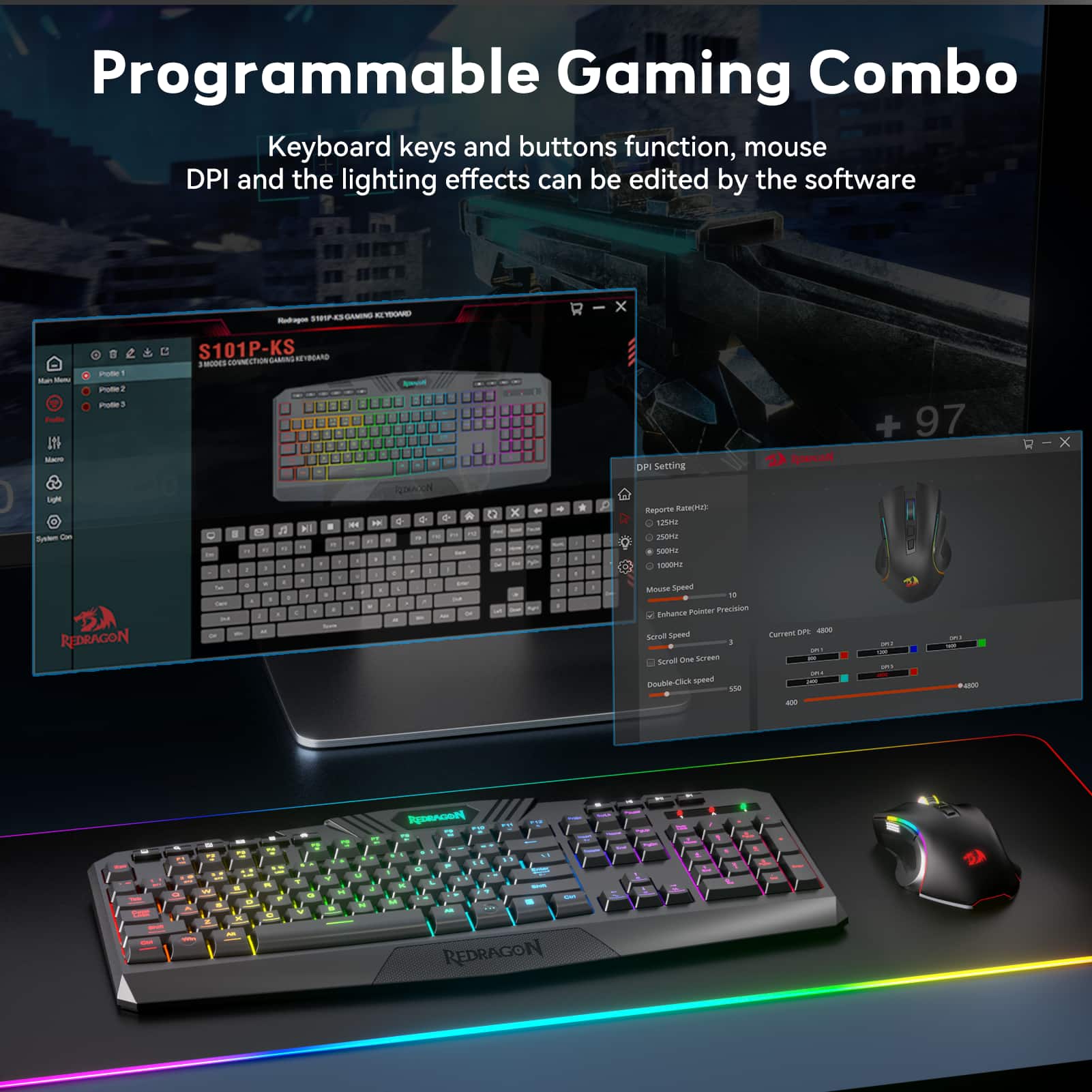 Programmable Gaming Combo Keyboard and mouse DPI function, mouse lighting effects can be edited by the software.