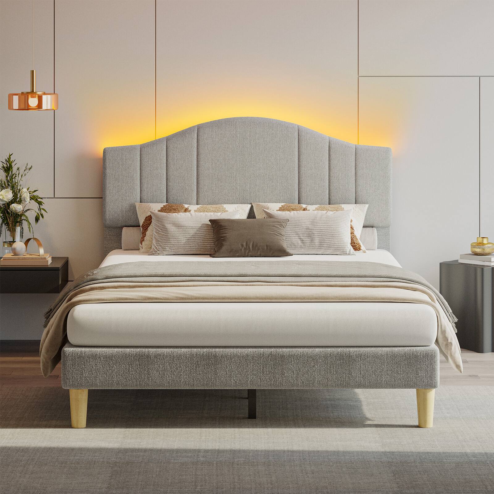 Left. Pinmoco - Pinmoco - Upholstered Platform Bed Frame with Adjustable LED Arc Headboard - Fabric Gray.