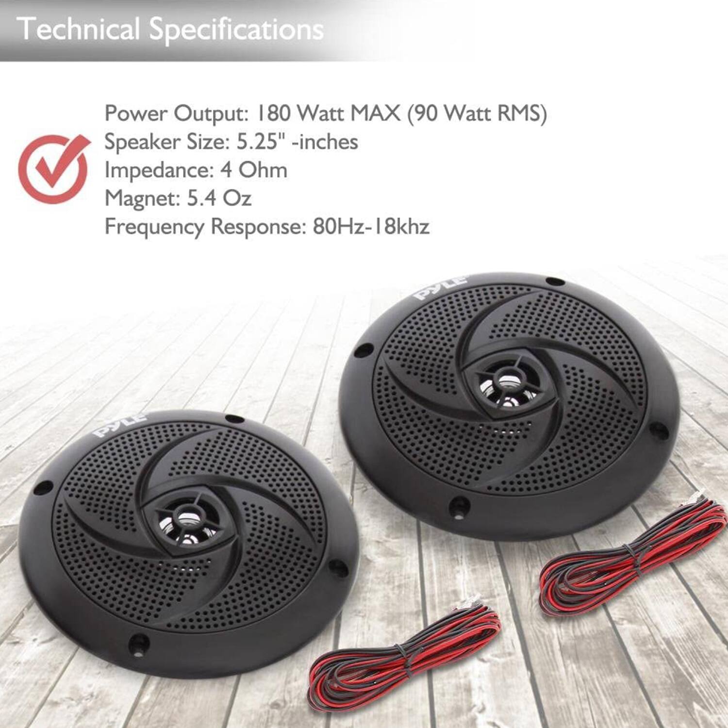 Technical Specifications

Power Output: 180 Watt MAX (90 Watt RMS)

Speaker Size: 5.25" - inches

Impedance: 4 Ohm

Magnet: 5.4 Oz

Frequency Response: 80Hz-18kHz