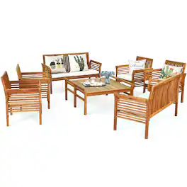 Costway - 8 PCS Outdoor Acacia Wood Sofa Furniture Set Cushioned Chair Coffee Table Garden - Multicolor
