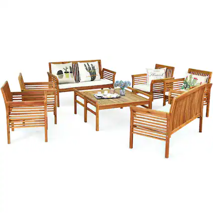 Front. Costway - Costway 8 PCS Outdoor Acacia Wood Sofa Furniture Set Cushioned Chair Coffee Table Garden - Multicolor.