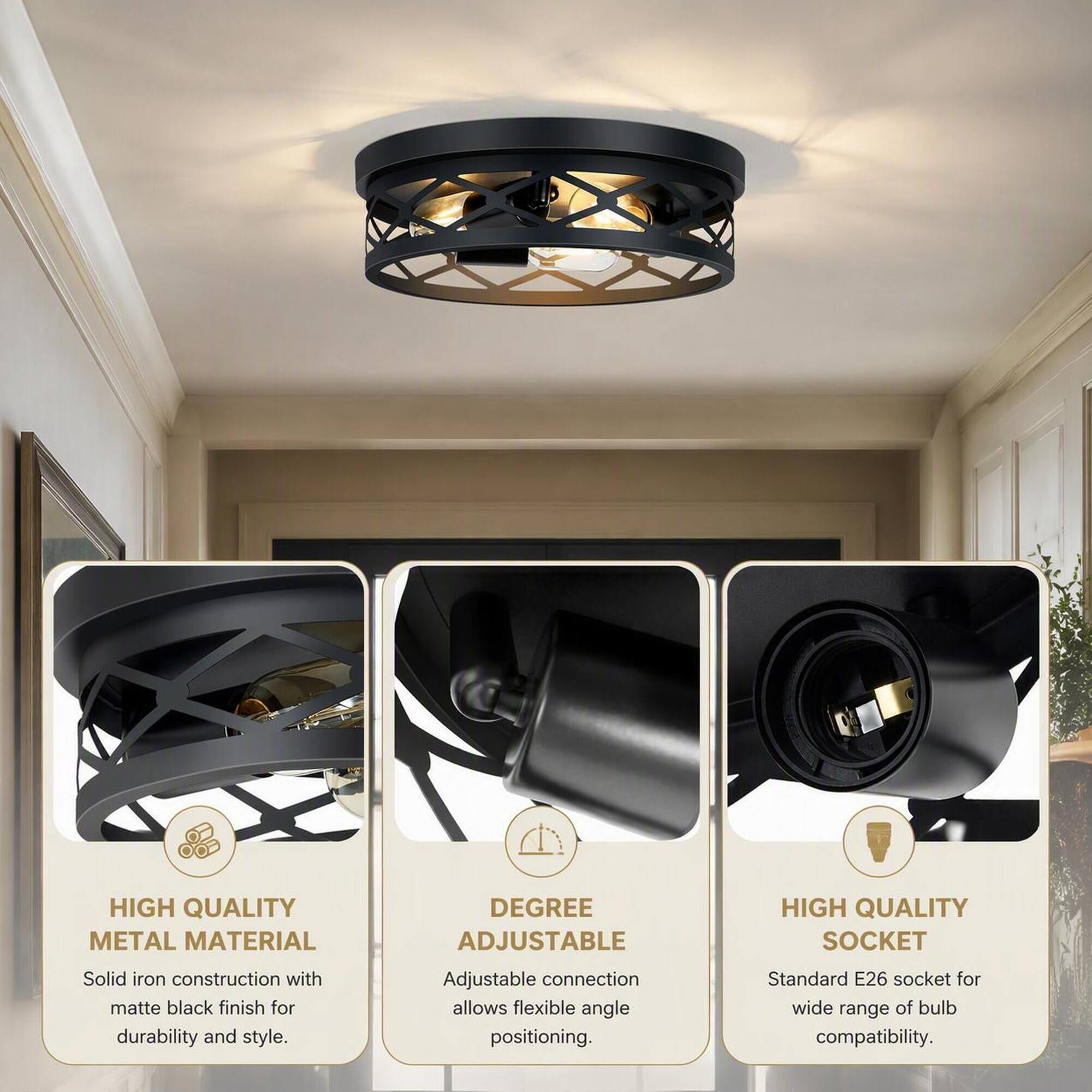 HIGH QUALITY METAL MATERIAL  
Solid iron construction with matte black finish for durability and style.

DEGREE ADJUSTABLE  
Adjustable connection allows flexible angle positioning.

HIGH QUALITY SOCKET  
Standard E26 socket for wide range of bulb compatibility.